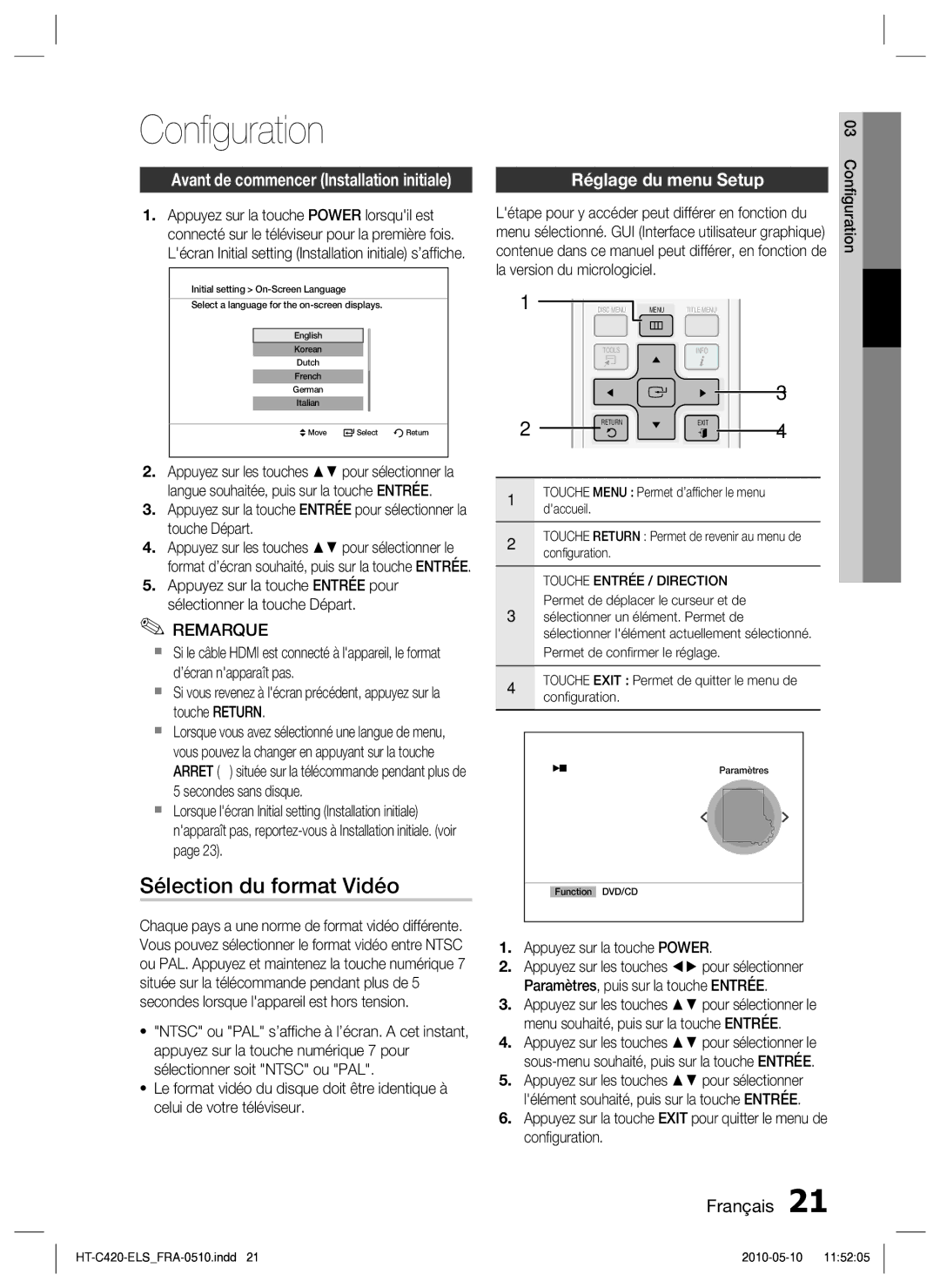 Samsung HT-C420/XEF manual Conﬁguration, Sélection du format Vidéo, Réglage du menu Setup, Appuyez sur la touche Power 