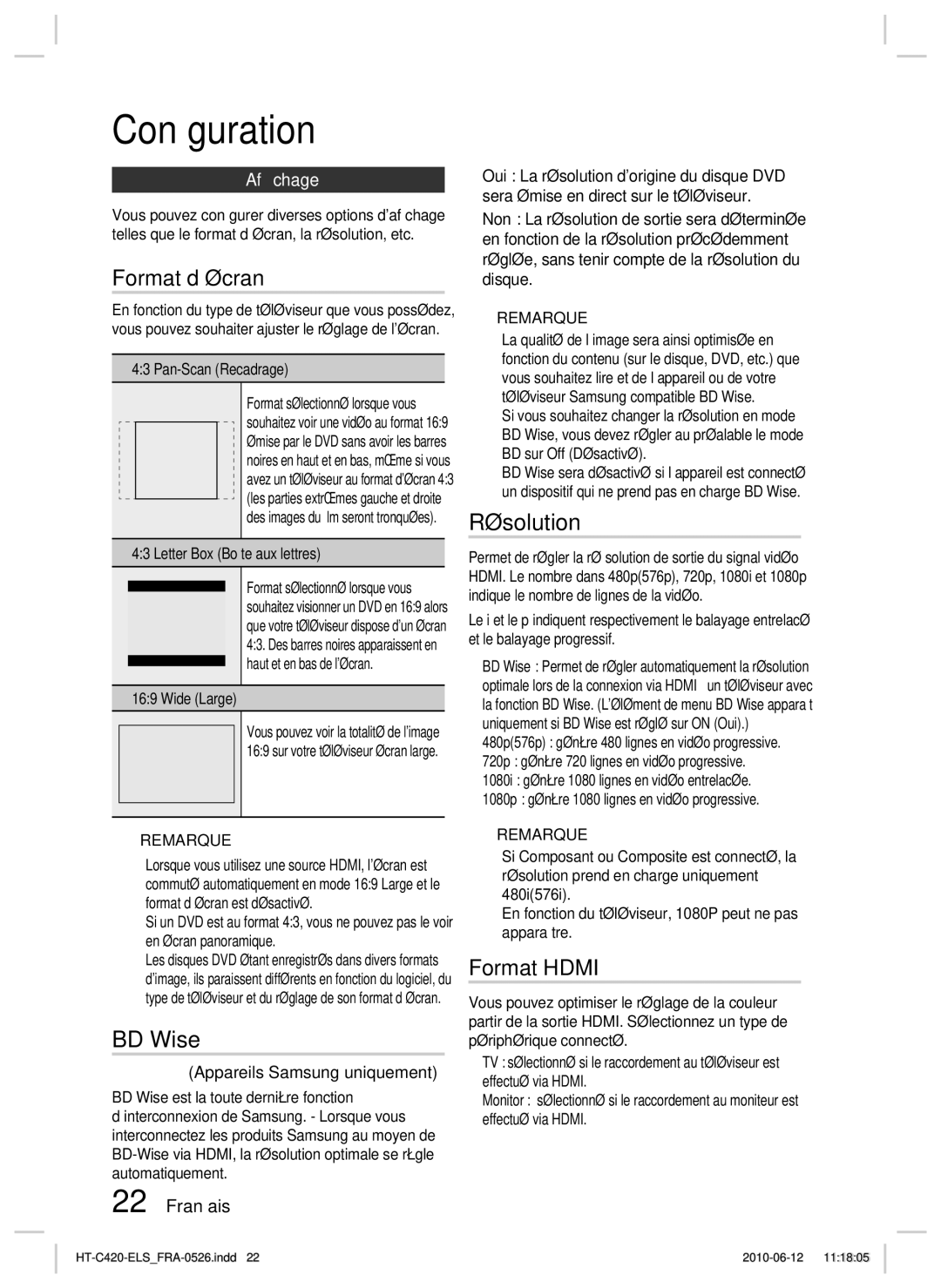 Samsung HT-C420/XEF manual Format d’écran, BD Wise, Résolution, Format Hdmi, Afﬁchage 