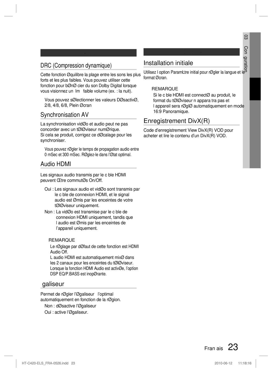 Samsung HT-C420/XEF manual DRC Compression dynamique, Synchronisation AV, Audio Hdmi, Égaliseur, Installation initiale 