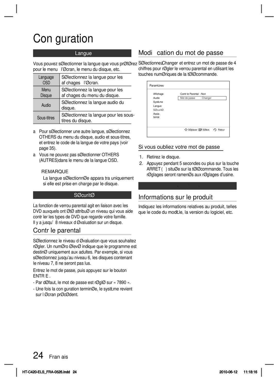 Samsung HT-C420/XEF manual Contrôle parental, Modiﬁcation du mot de passe, Informations sur le produit 