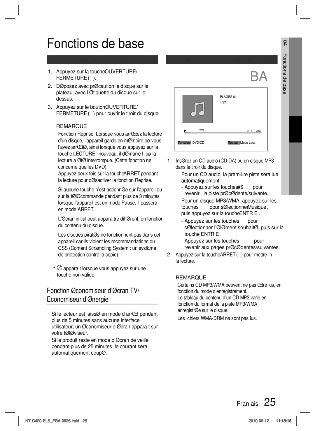 Samsung HT-C420/XEF manual Fonctions de base, Lecture d’un disque, Lecture de CD audio CD-DA/MP3/WMA 