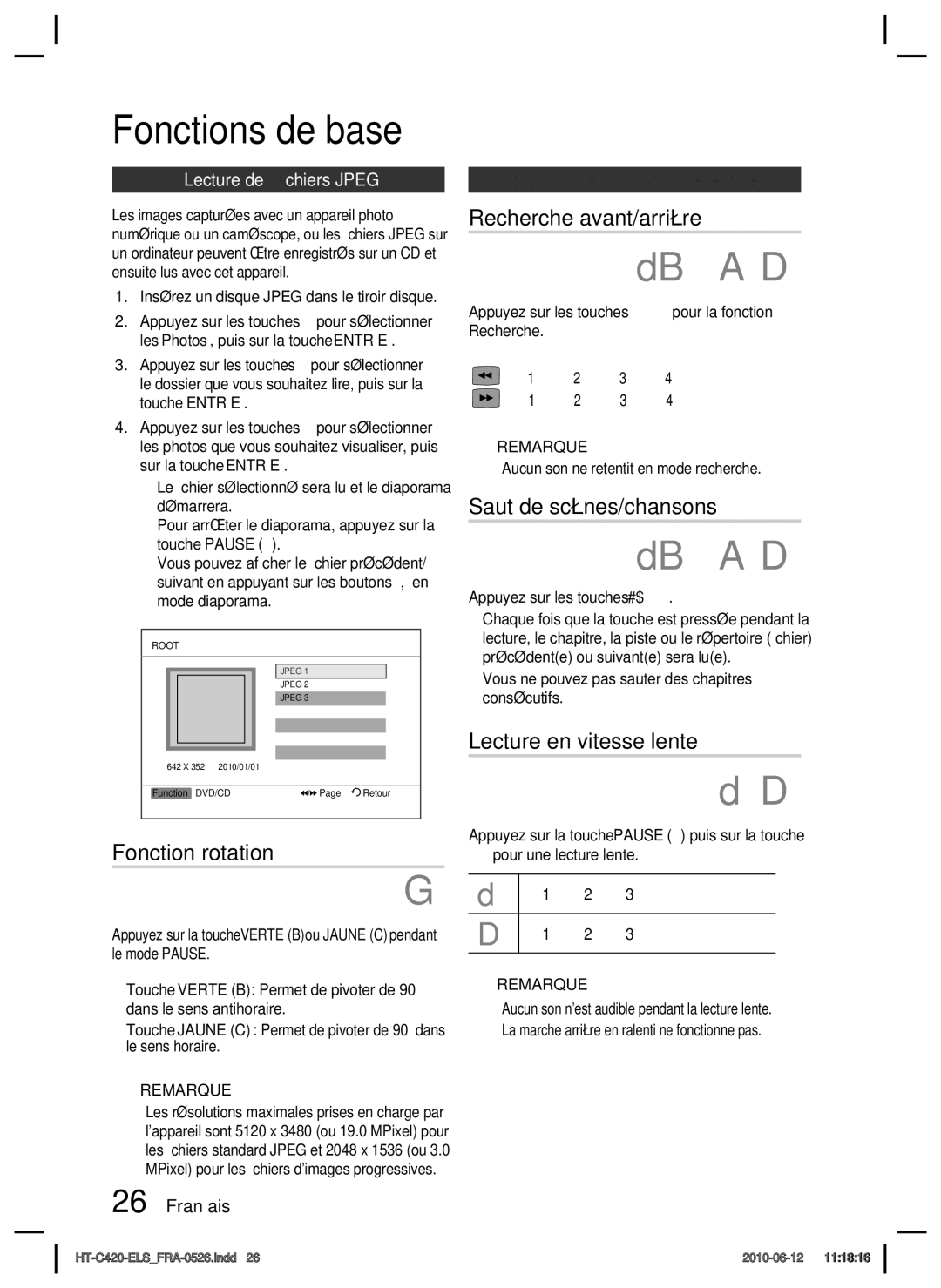 Samsung HT-C420/XEF manual Fonction rotation, Recherche avant/arrière, Saut de scènes/chansons, Lecture en vitesse lente 