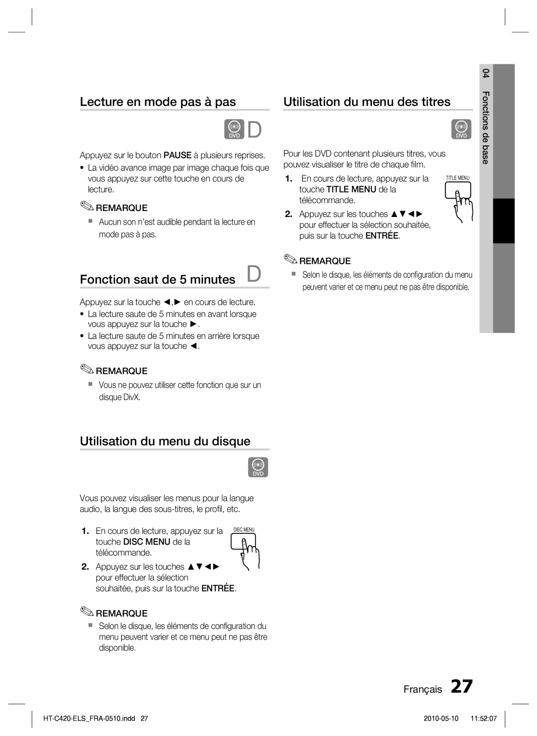 Samsung HT-C420/XEF manual Lecture en mode pas à pas, Fonction saut de 5 minutes D, Utilisation du menu des titres 