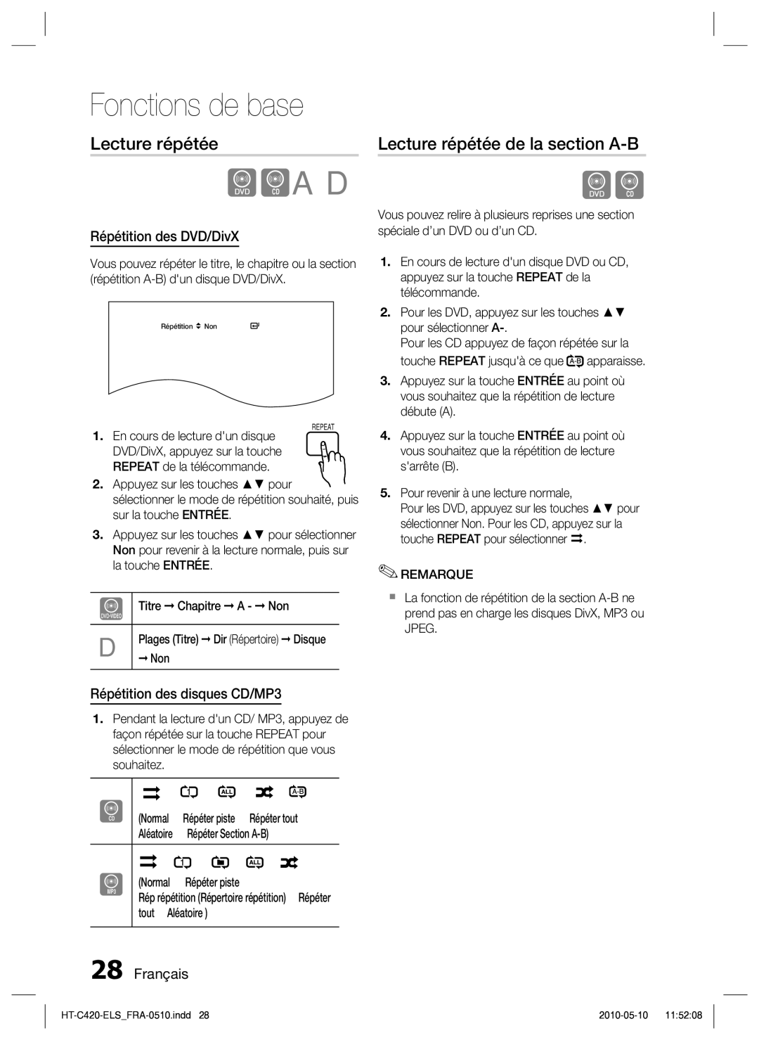 Samsung HT-C420/XEF manual Lecture répétée de la section A-B, Répétition des DVD/DivX, Répétition des disques CD/MP3 