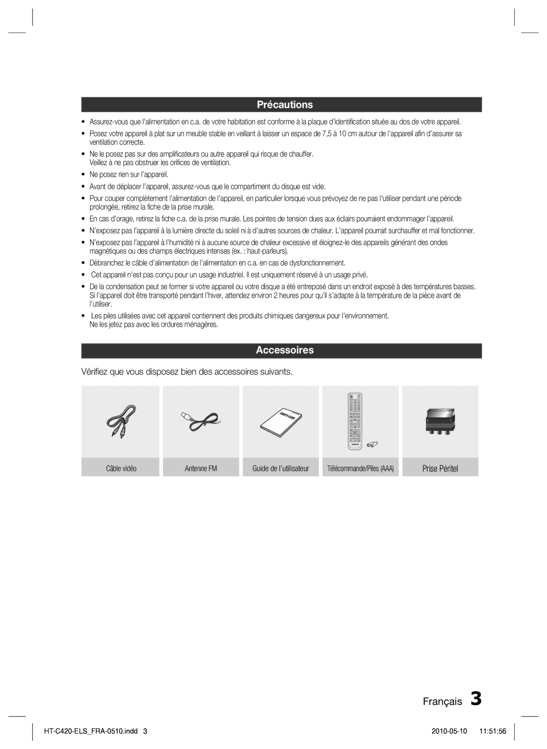 Samsung HT-C420/XEF manual Précautions, Accessoires, Vériﬁez que vous disposez bien des accessoires suivants, Prise Péritel 