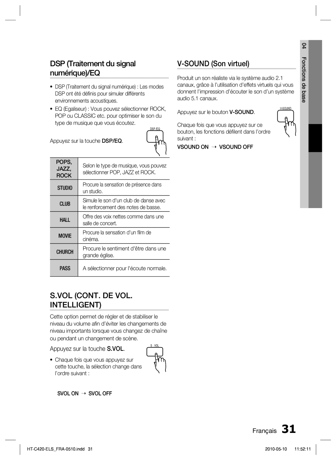 Samsung HT-C420/XEF manual DSP Traitement du signal numérique/EQ, Sound Son virtuel, Appuyez sur la touche S.VOL 