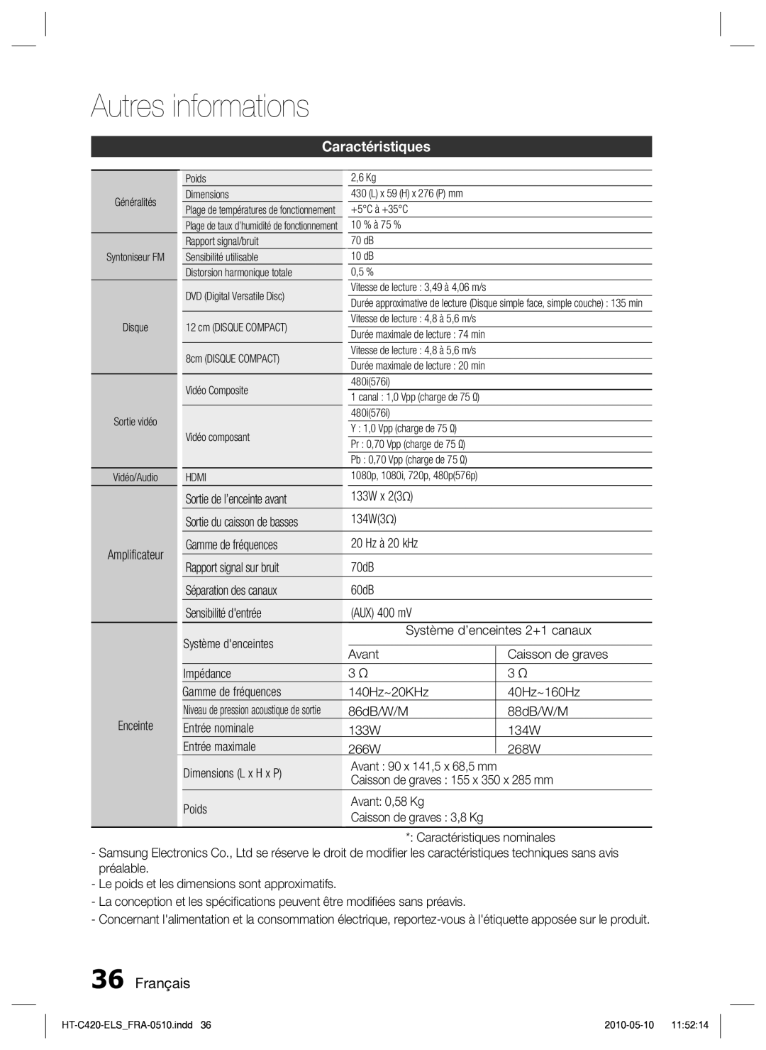 Samsung HT-C420/XEF manual Caractéristiques 