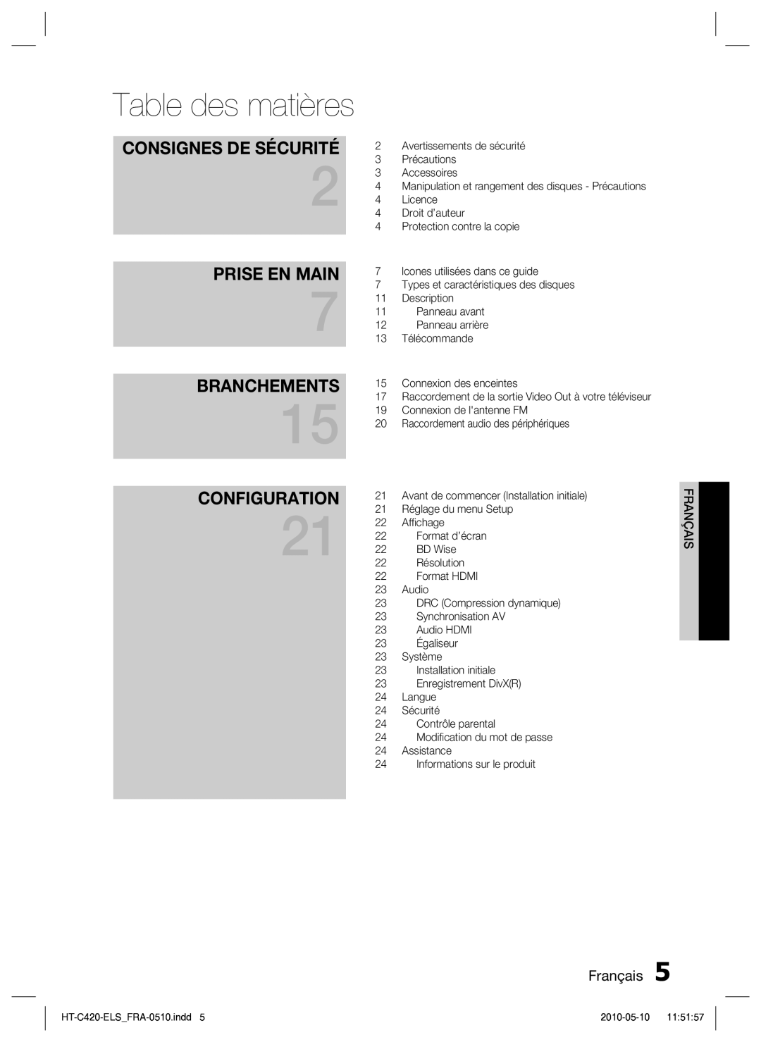 Samsung HT-C420/XEF manual Table des matières, Consignes DE Sécurité 