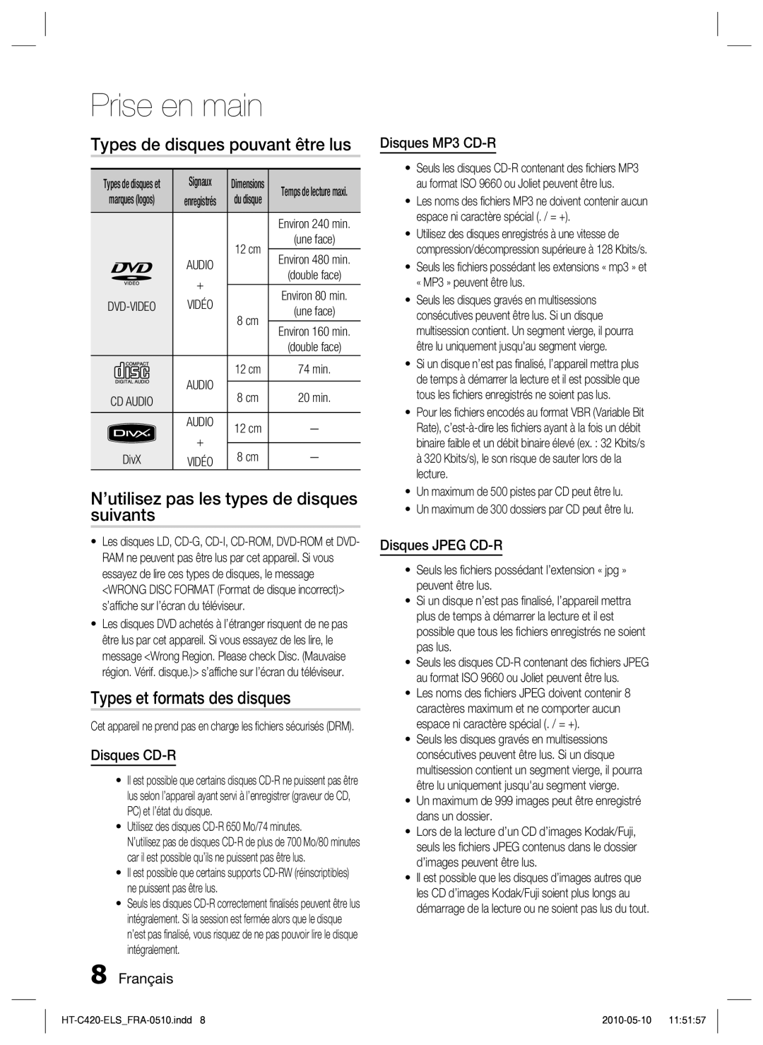 Samsung HT-C420/XEF manual Types de disques pouvant être lus, ’utilisez pas les types de disques suivants 