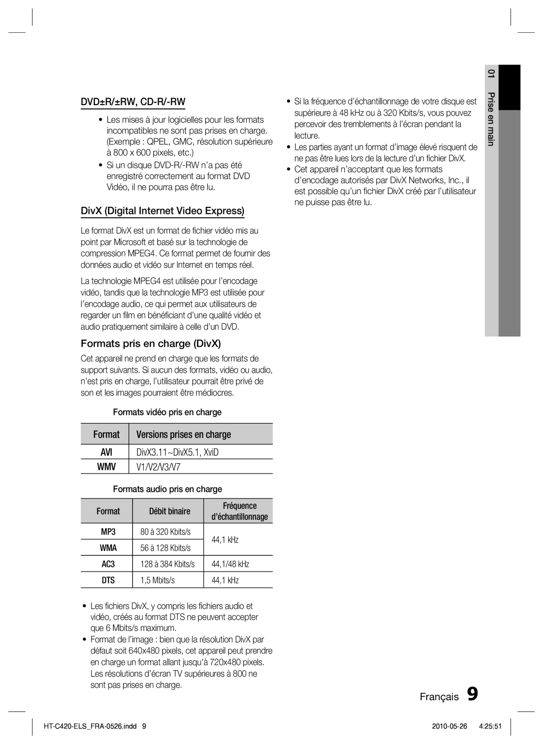 Samsung HT-C420/XEF DivX Digital Internet Video Express, Formats pris en charge DivX, Format Versions prises en charge 