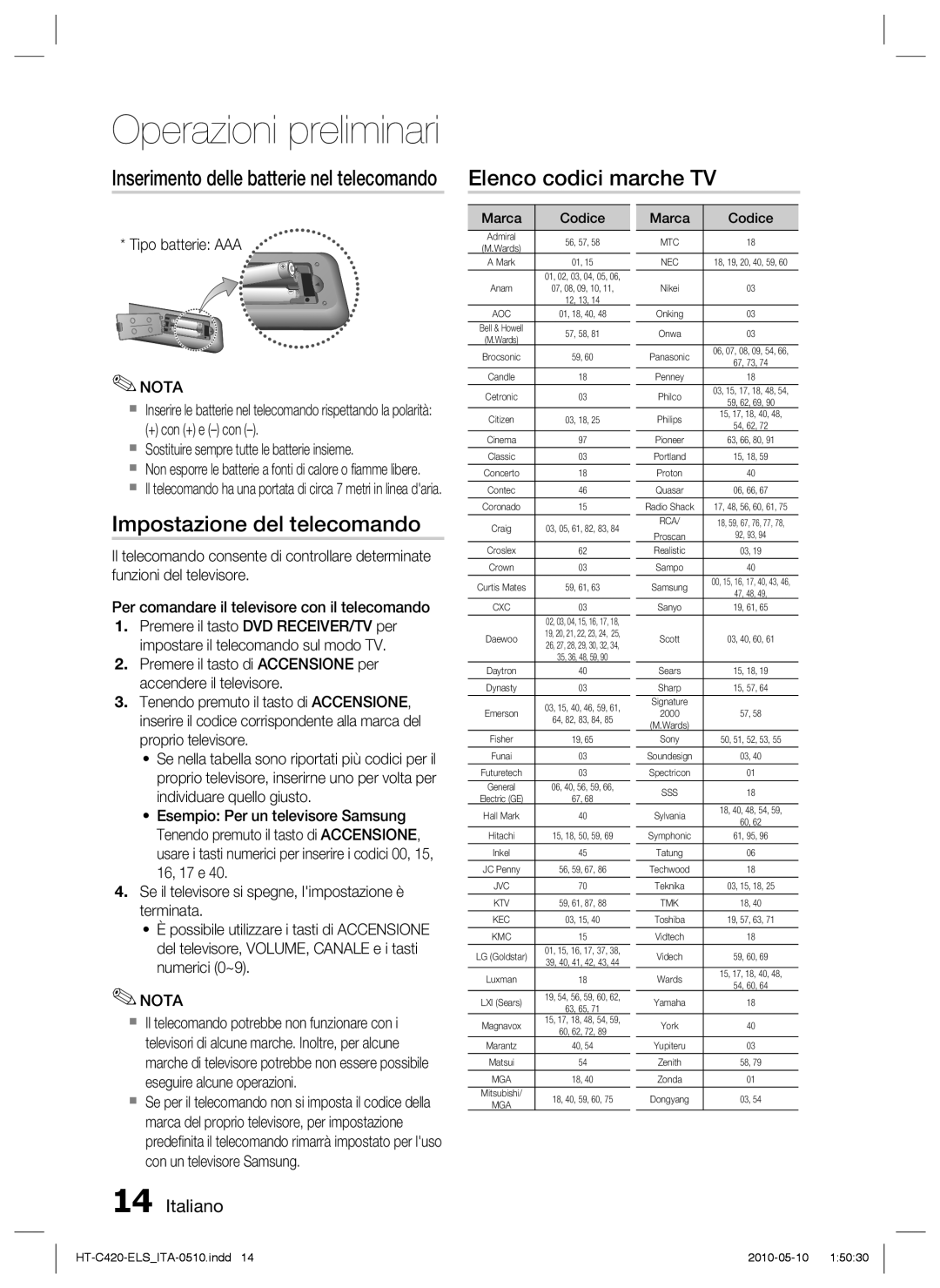 Samsung HT-C420/XEF Elenco codici marche TV, Impostazione del telecomando, Inserimento delle batterie nel telecomando 