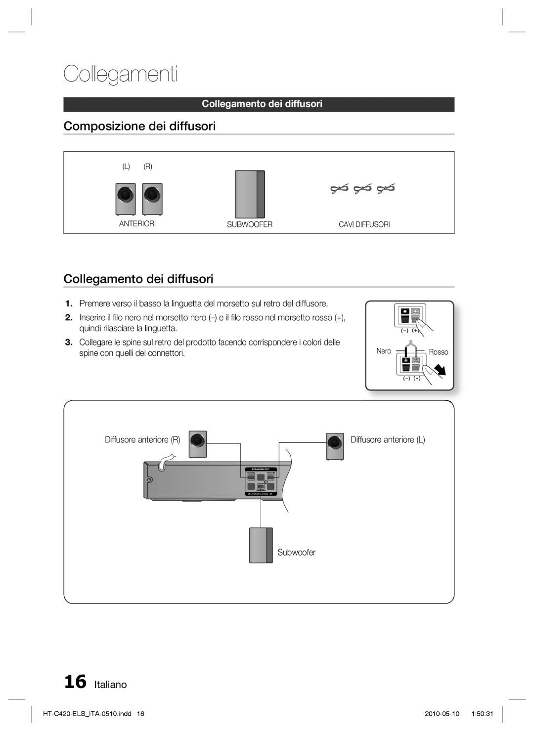 Samsung HT-C420/XEF manual Composizione dei diffusori, Collegamento dei diffusori, Diffusore anteriore R, Subwoofer 