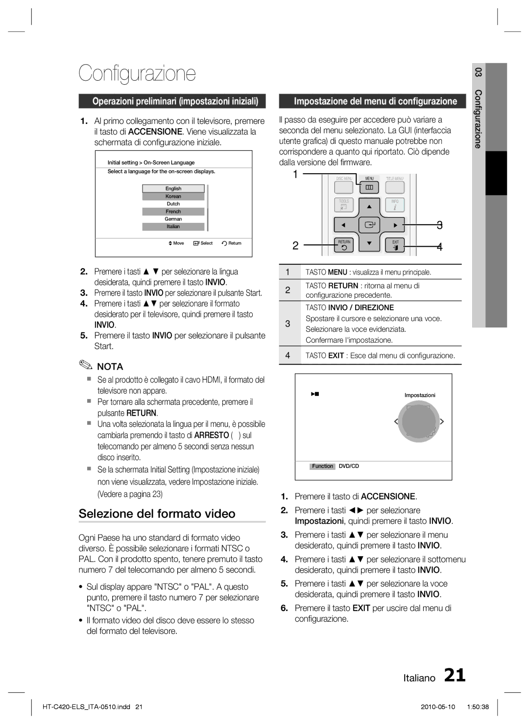 Samsung HT-C420/XEF manual Conﬁgurazione, Selezione del formato video, Invio 