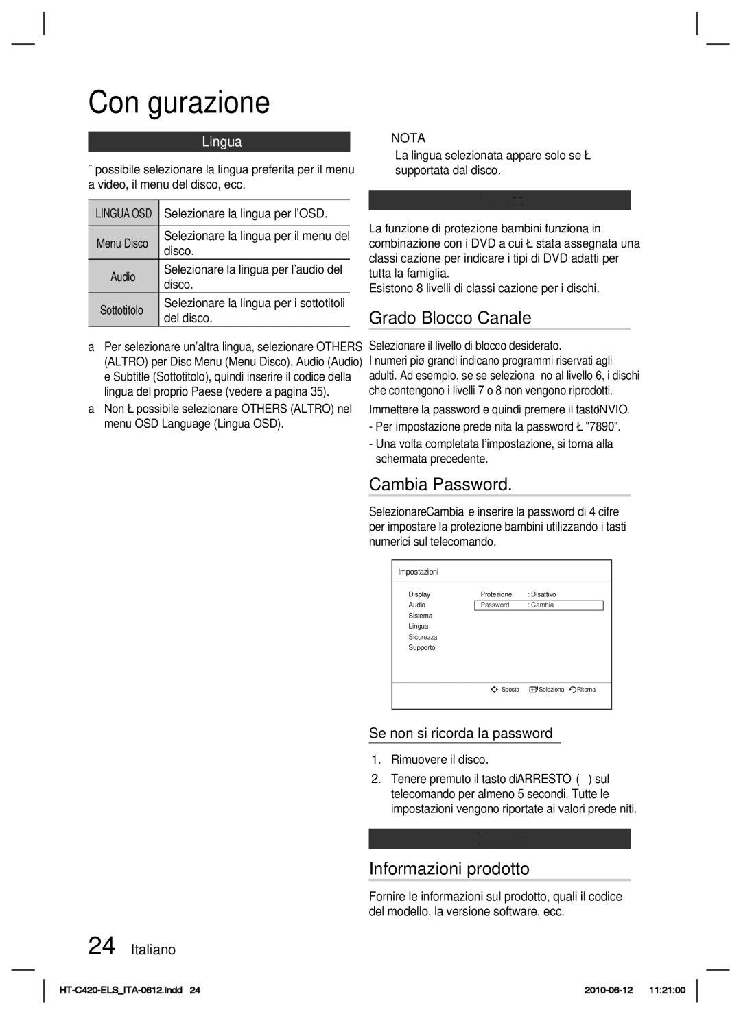 Samsung HT-C420/XEF manual Grado Blocco Canale, Cambia Password, Informazioni prodotto 