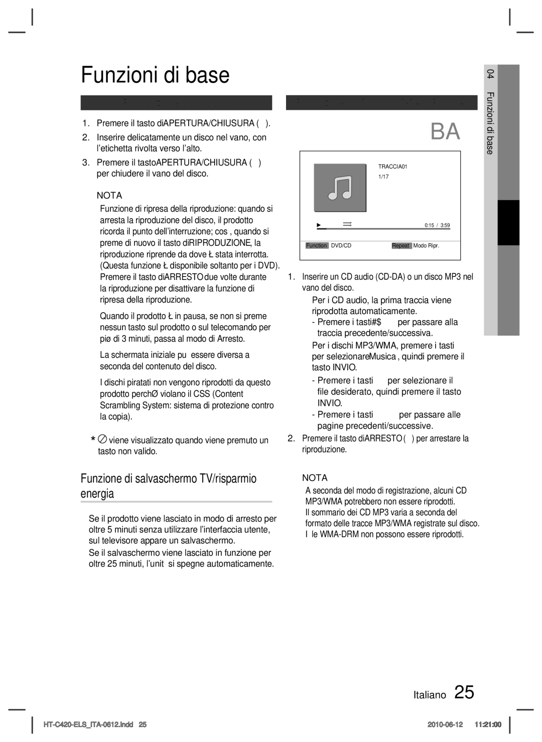 Samsung HT-C420/XEF manual Funzioni di base, Funzione di salvaschermo TV/risparmio energia, Riproduzione di un disco 