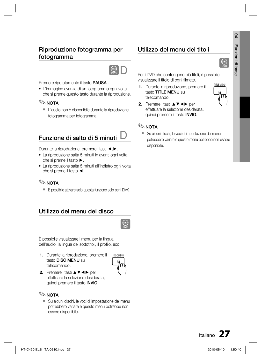 Samsung HT-C420/XEF Riproduzione fotogramma per fotogramma, Utilizzo del menu dei titoli, Funzione di salto di 5 minuti D 