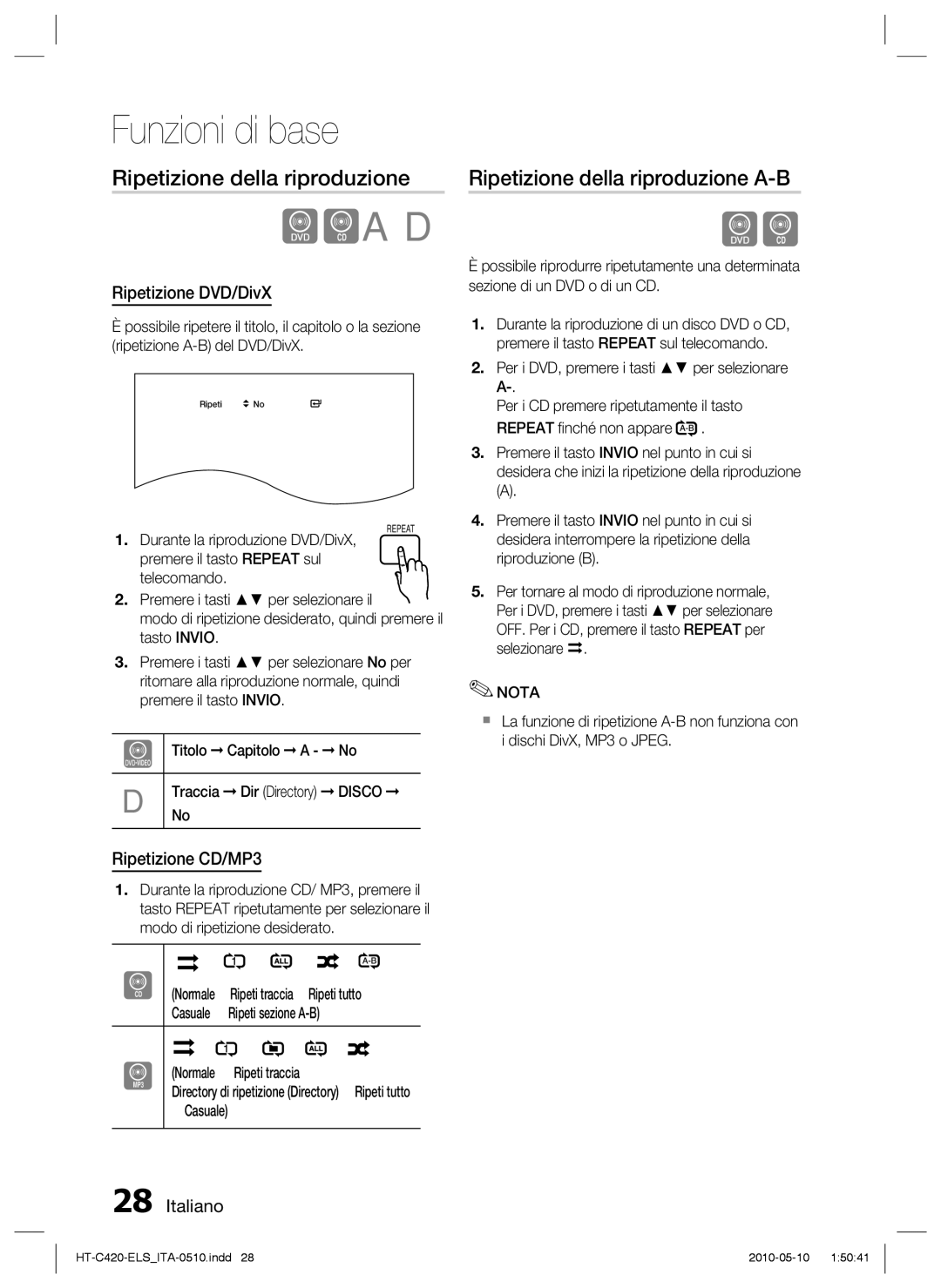 Samsung HT-C420/XEF manual Ripetizione della riproduzione A-B, Ripetizione DVD/DivX, Ripetizione CD/MP3 