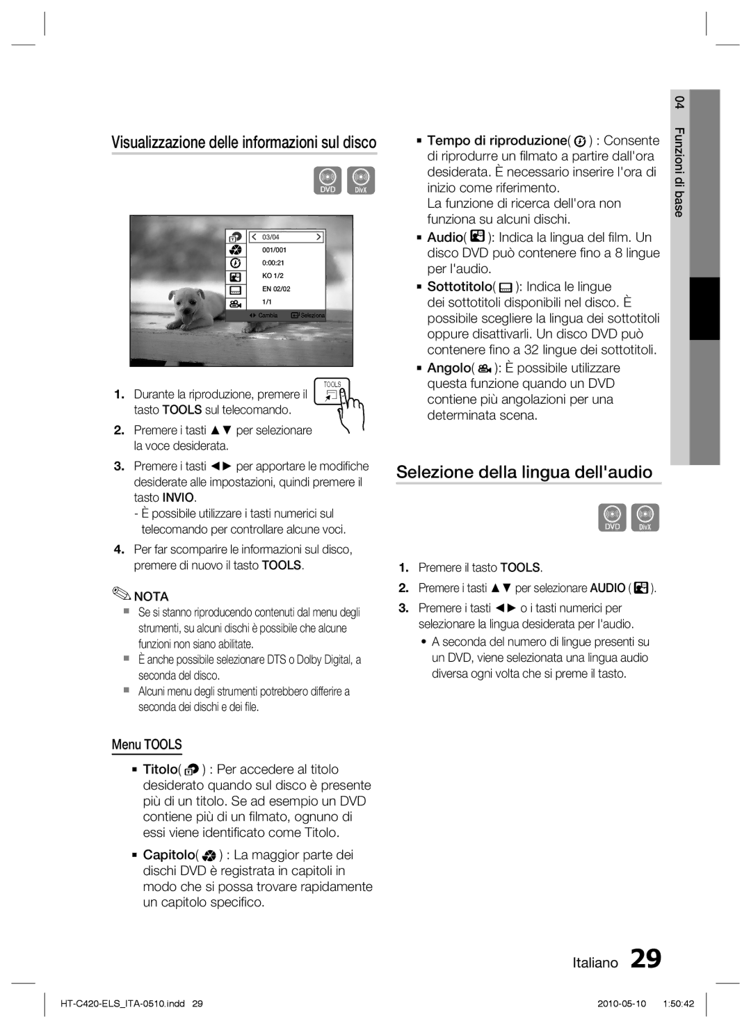 Samsung HT-C420/XEF manual Selezione della lingua dellaudio, Visualizzazione delle informazioni sul disco, Menu Tools 