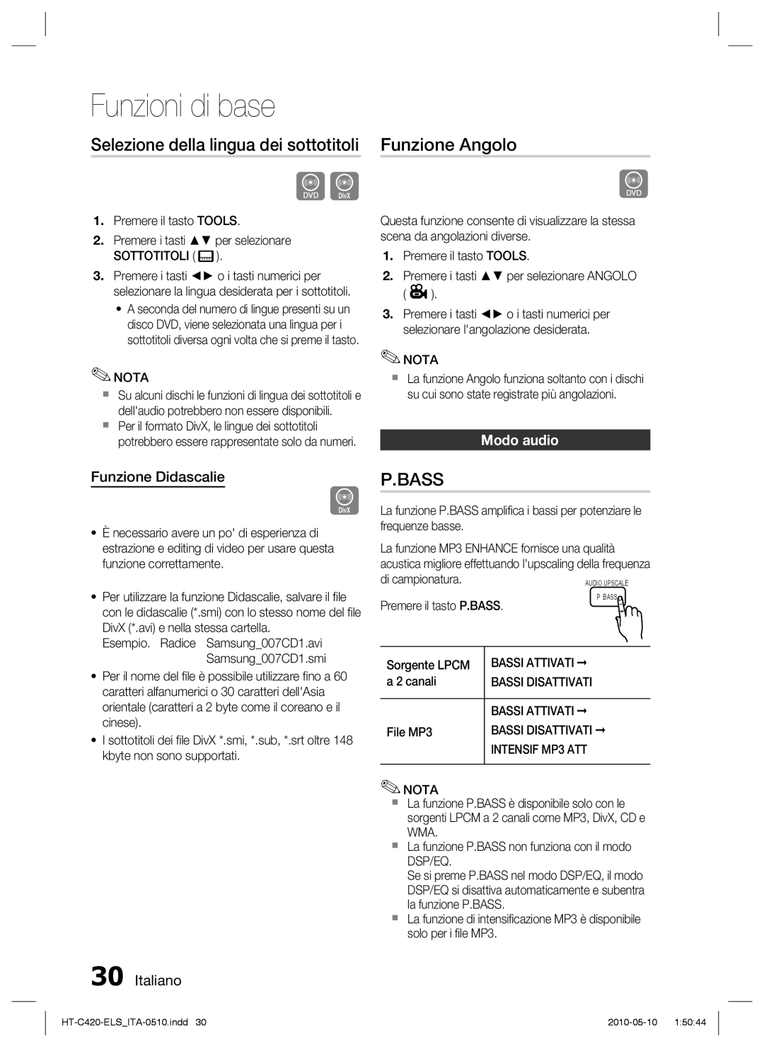 Samsung HT-C420/XEF manual Selezione della lingua dei sottotitoli, Funzione Angolo, Funzione Didascalie, Modo audio 