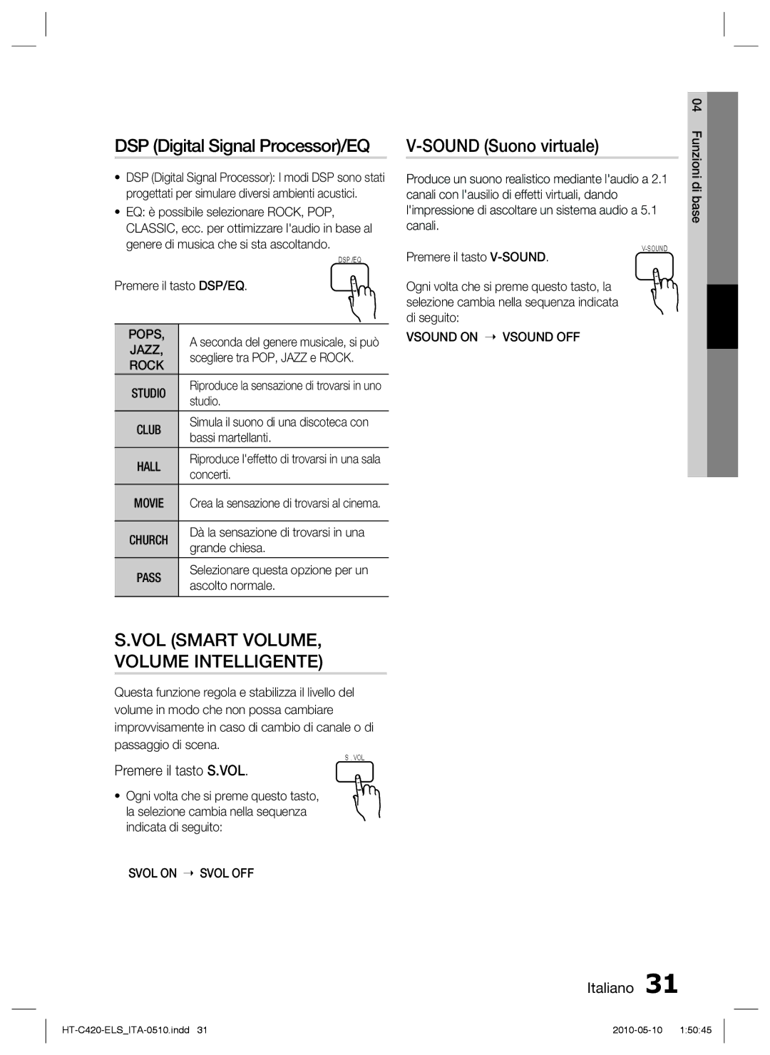 Samsung HT-C420/XEF manual DSP Digital Signal Processor/EQ, Sound Suono virtuale, Premere il tasto S.VOL 