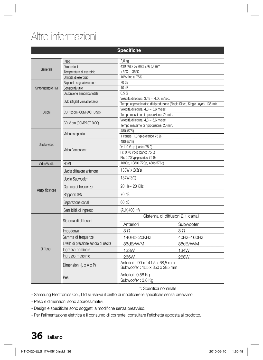 Samsung HT-C420/XEF manual Speciﬁche, Uscita diffusore anteriore 133W x Uscita Subwoofer 134W3 