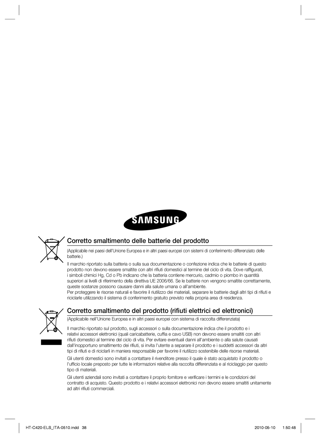 Samsung HT-C420/XEF manual Corretto smaltimento delle batterie del prodotto 