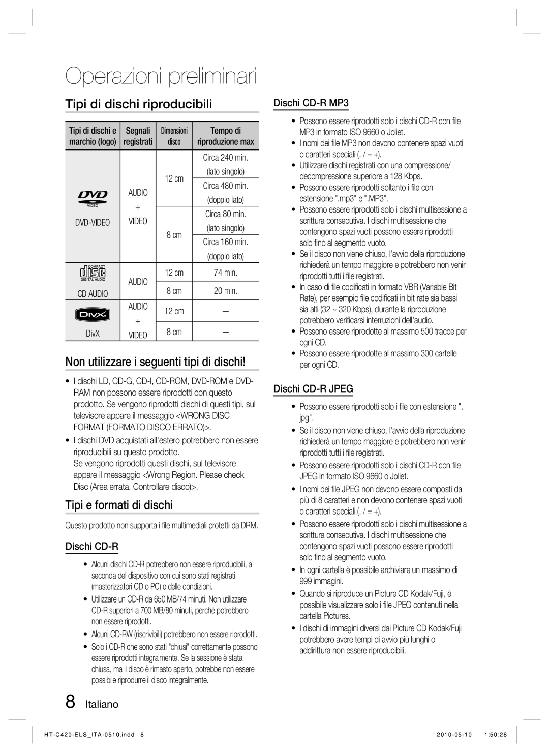 Samsung HT-C420/XEF manual Tipi di dischi riproducibili, Non utilizzare i seguenti tipi di dischi, Tipi e formati di dischi 