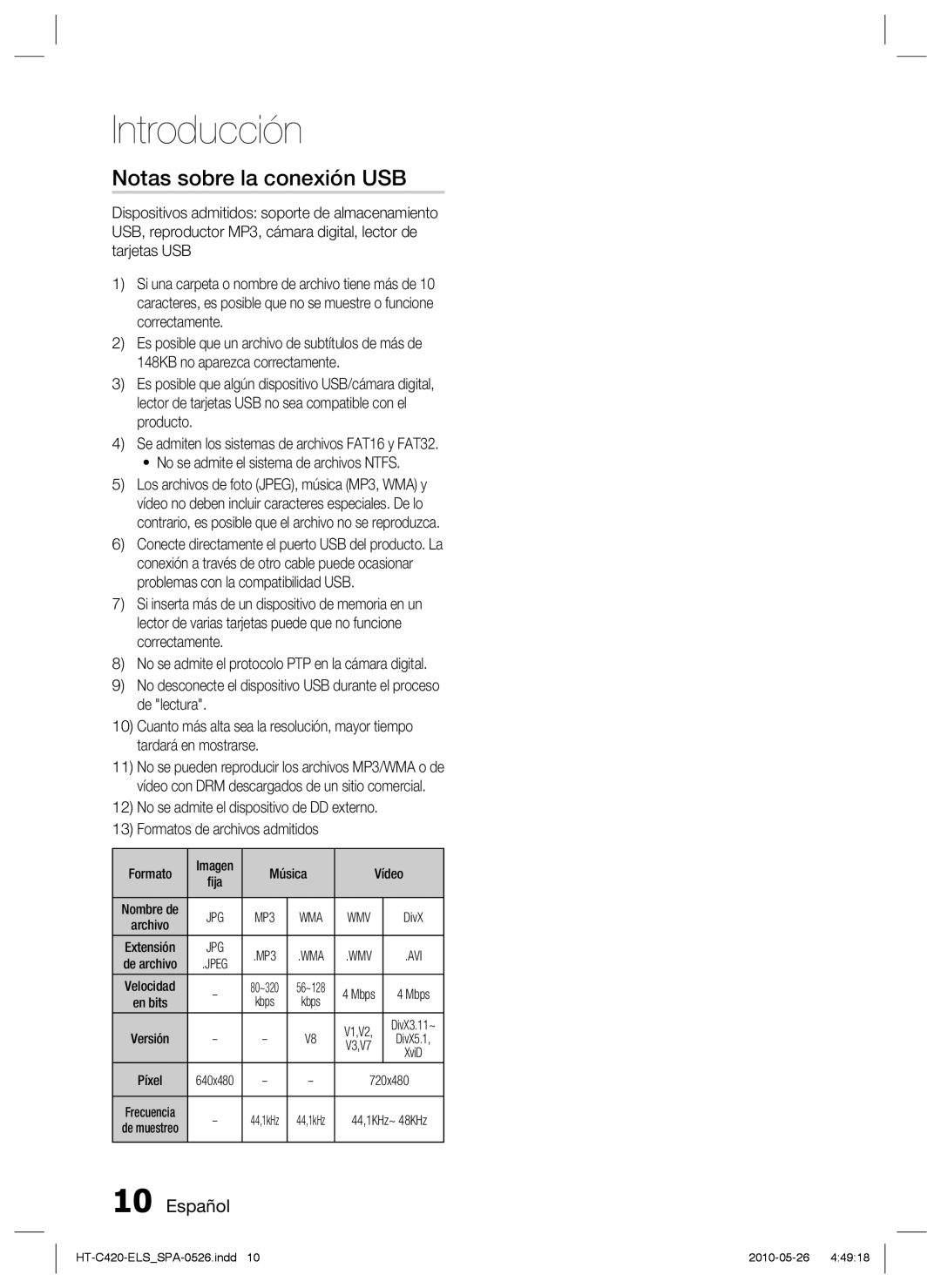 Samsung HT-C420/XEF manual Notas sobre la conexión USB, Formato, Música Vídeo, Kbps 