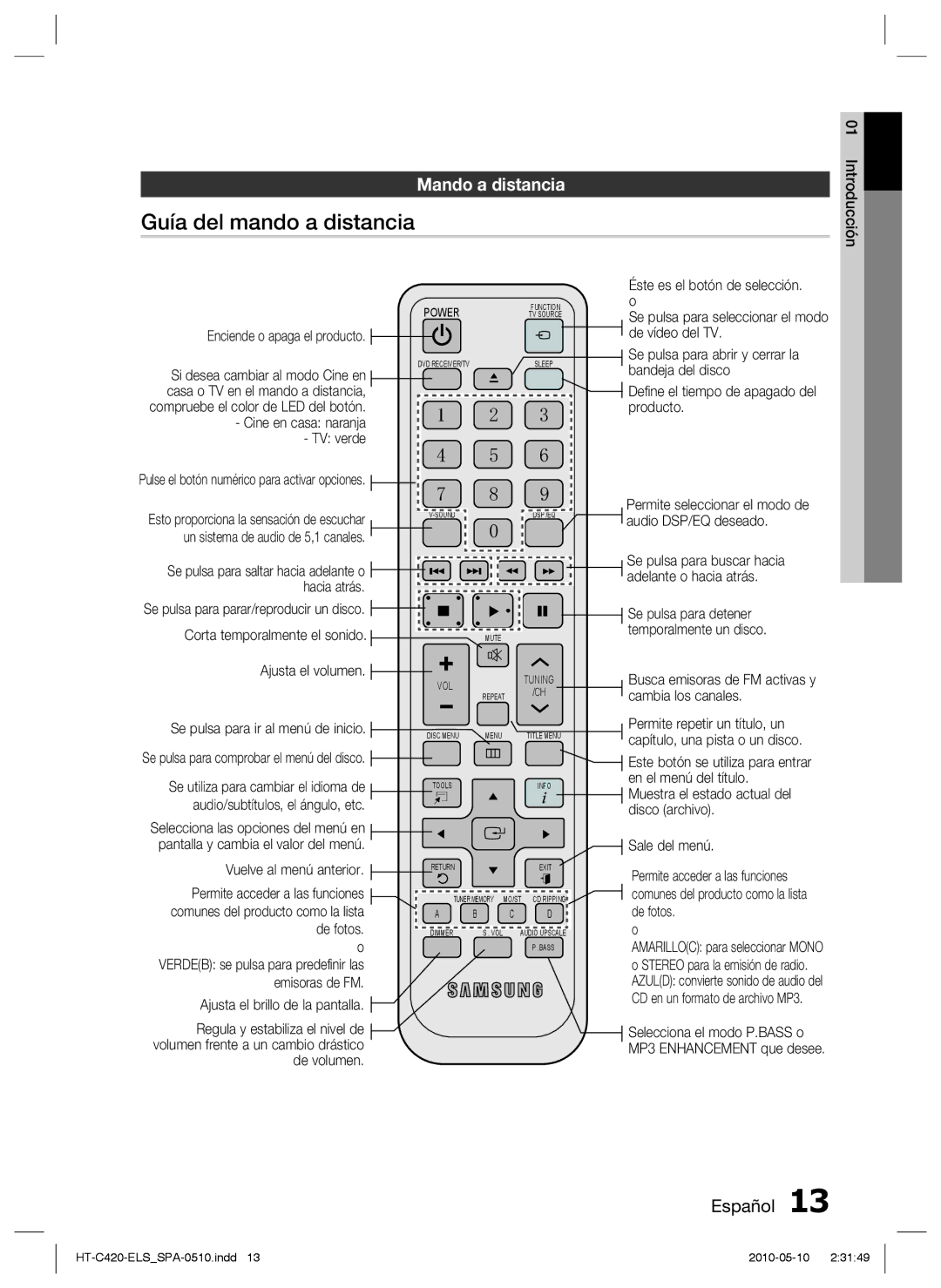 Samsung HT-C420/XEF manual Guía del mando a distancia, Mando a distancia 