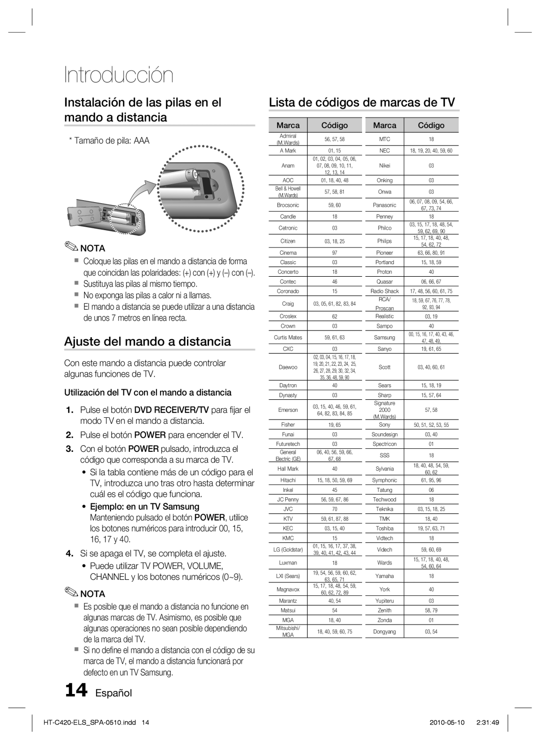 Samsung HT-C420/XEF manual Ajuste del mando a distancia, Tamaño de pila AAA, Marca Código 