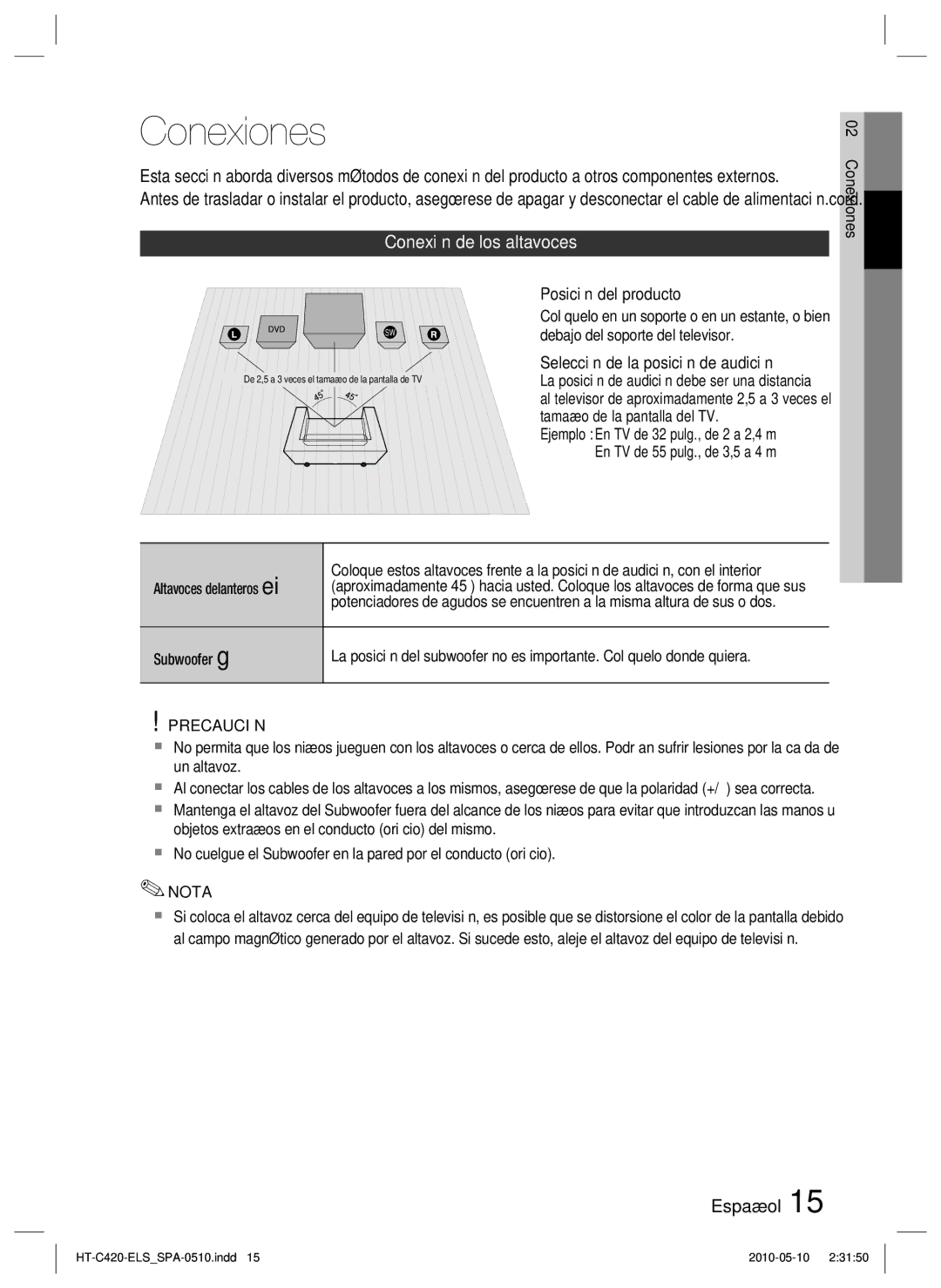 Samsung HT-C420/XEF manual Conexiones, Conexión de los altavoces, Precaución 