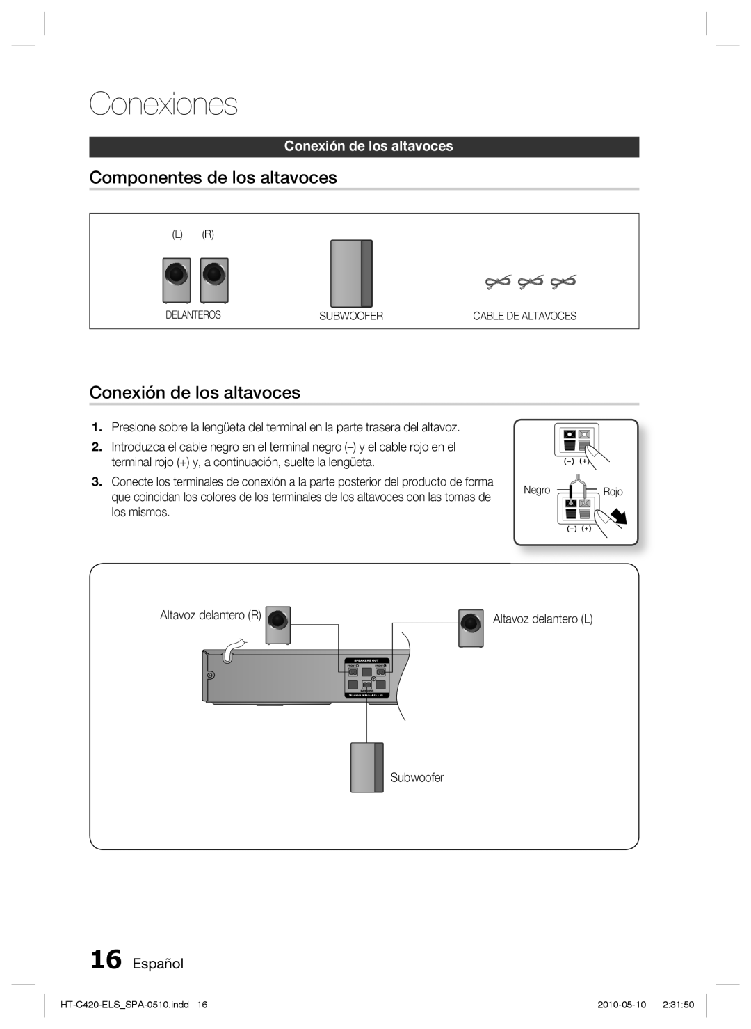 Samsung HT-C420/XEF Componentes de los altavoces, Conexión de los altavoces, Altavoz delantero R, Subwoofer, Negro Rojo 