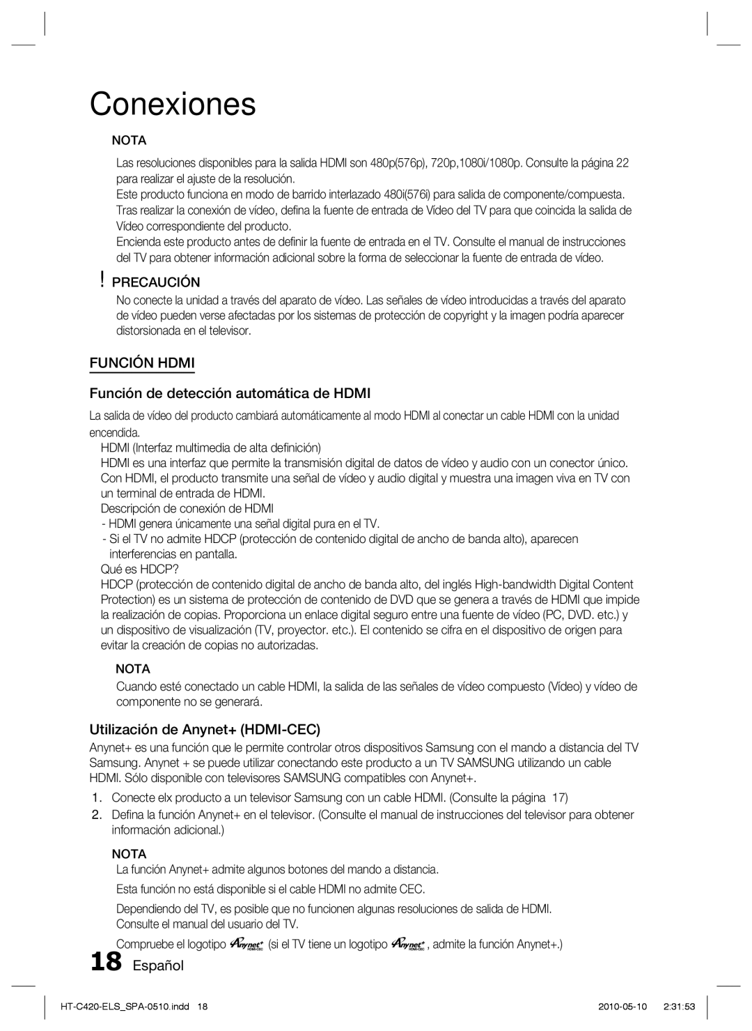 Samsung HT-C420/XEF manual Función de detección automática de Hdmi, Utilización de Anynet+ HDMI-CEC 