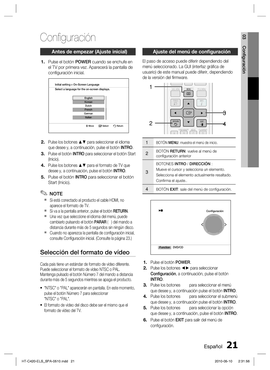 Samsung HT-C420/XEF manual Conﬁguración, Selección del formato de vídeo, Antes de empezar Ajuste inicial, Intro 