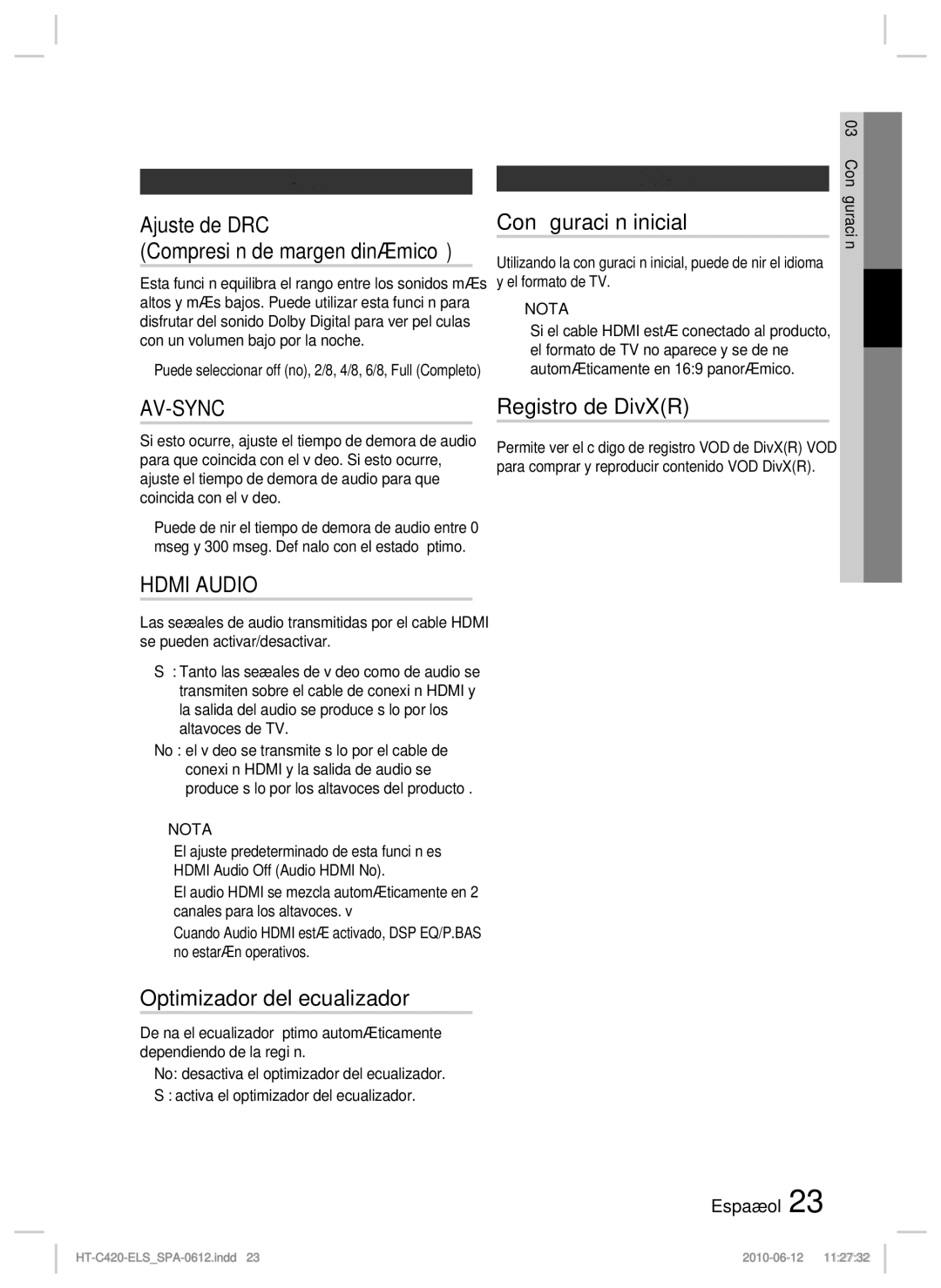 Samsung HT-C420/XEF Ajuste de DRC Compresión de margen dinámico, Conﬁguración inicial, Optimizador del ecualizador, Audio 