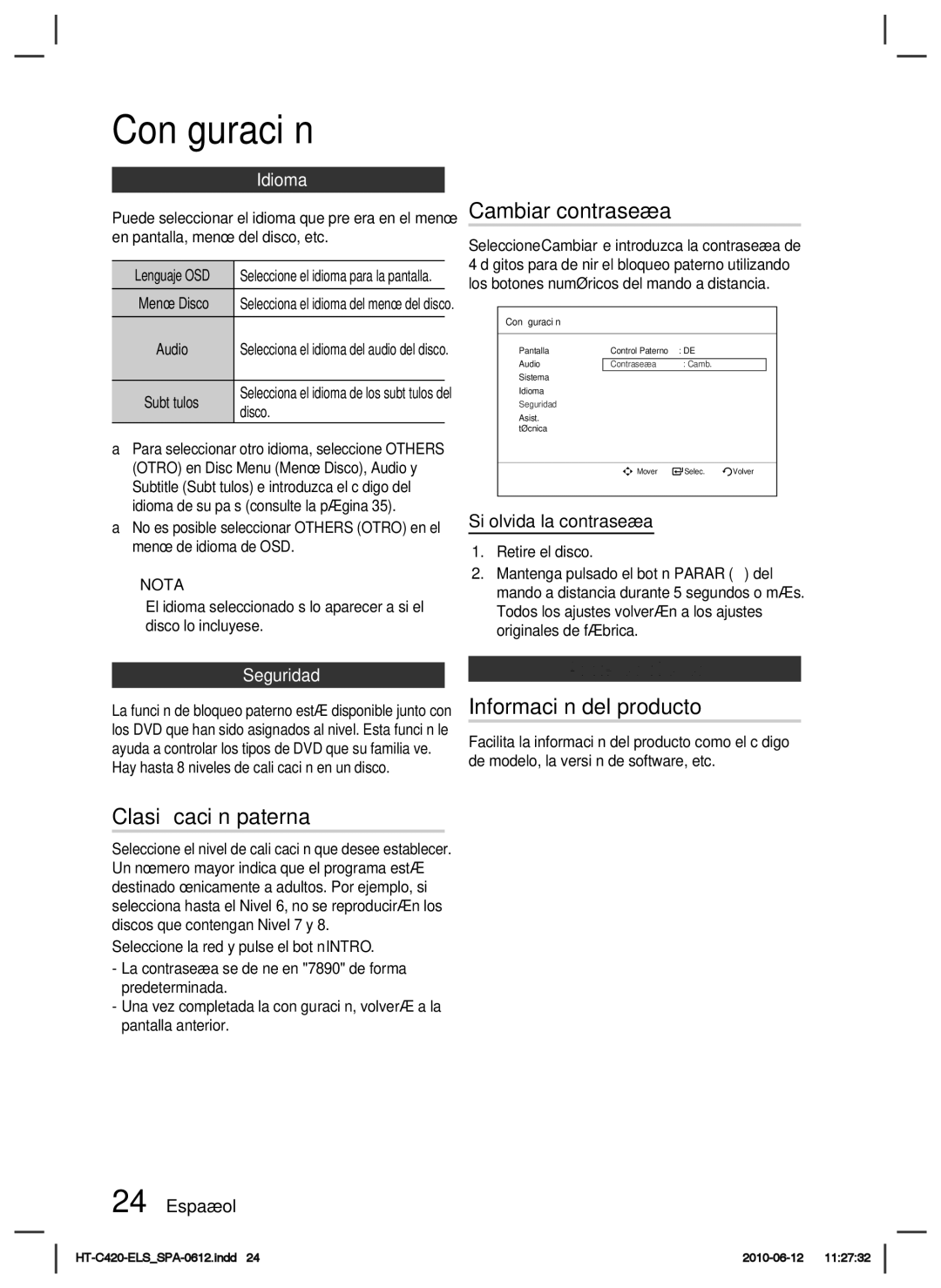 Samsung HT-C420/XEF manual Cambiar contraseña, Clasiﬁcación paterna, Información del producto 