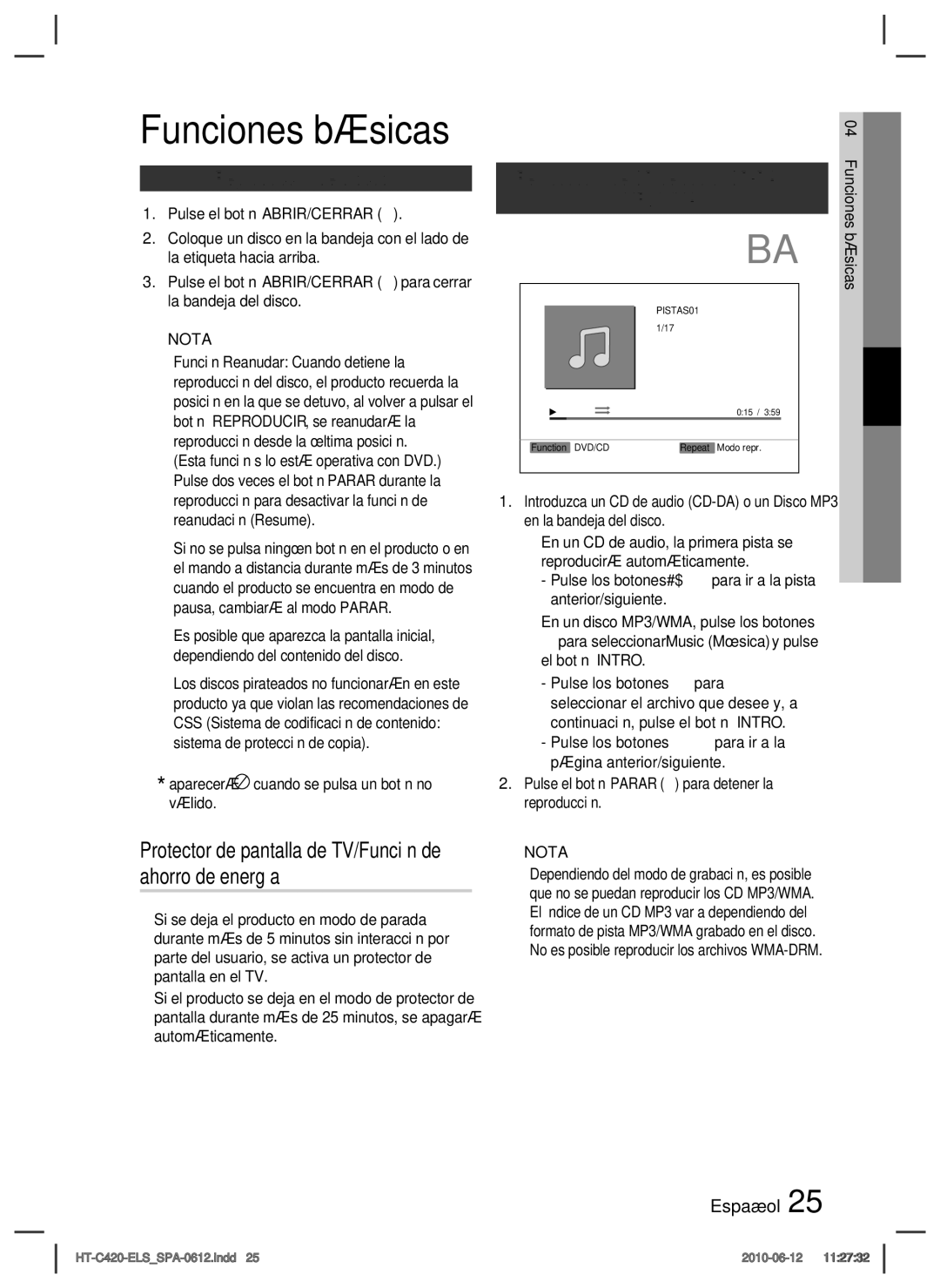 Samsung HT-C420/XEF Funciones básicas, Protector de pantalla de TV/Función de ahorro de energía, Reproducción de discos 