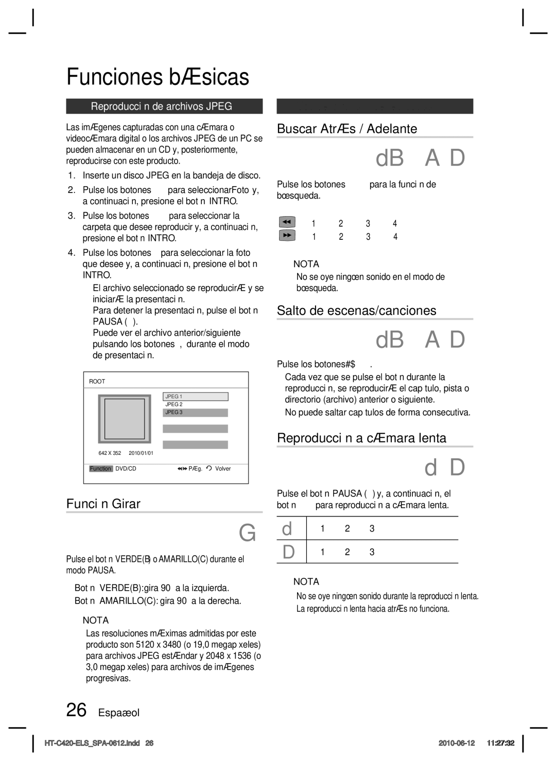 Samsung HT-C420/XEF manual Función Girar, Buscar Atrás / Adelante, Salto de escenas/canciones, Reproducción a cámara lenta 