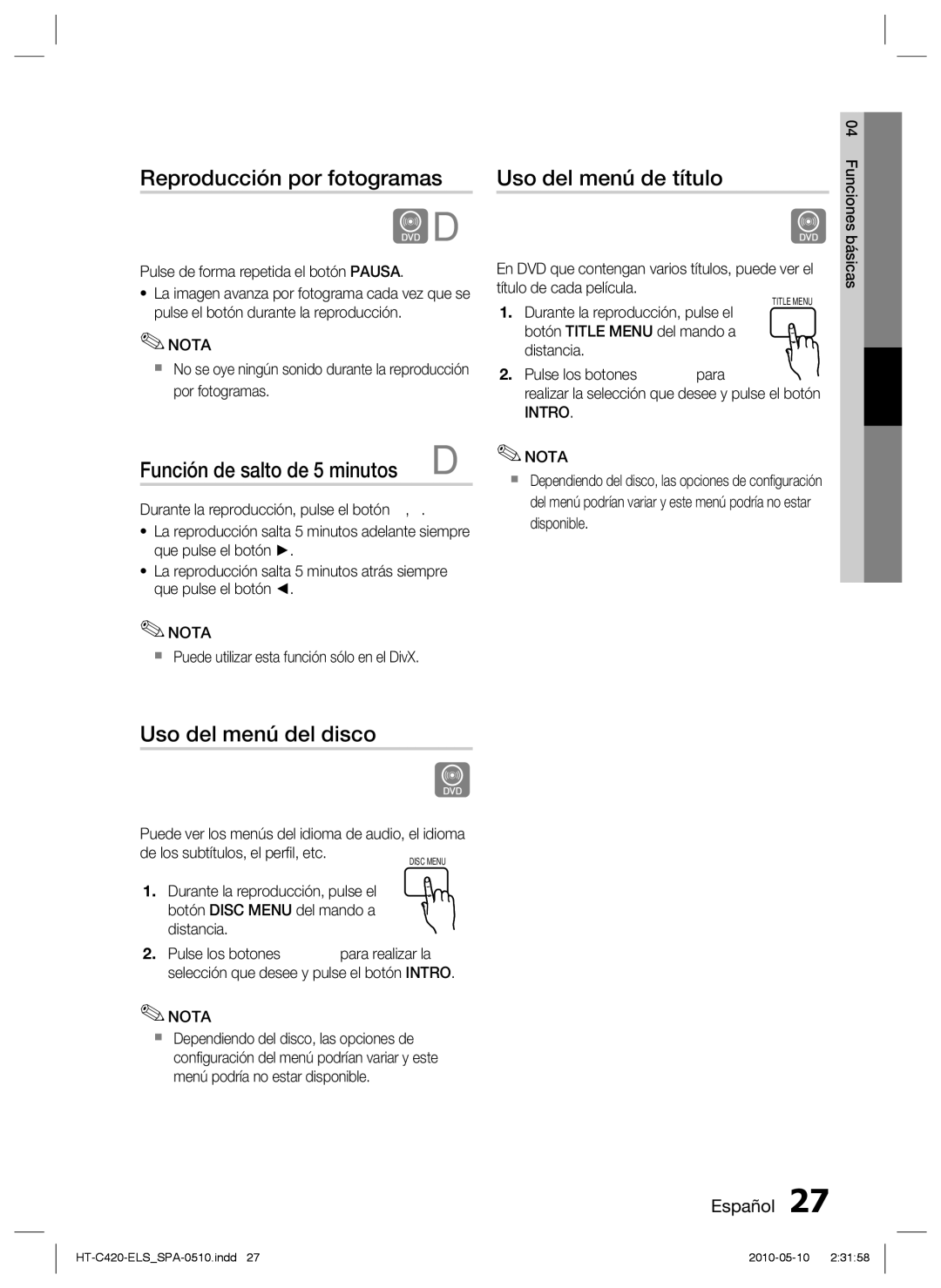 Samsung HT-C420/XEF manual Reproducción por fotogramas, Función de salto de 5 minutos, Uso del menú del disco, Intro Nota 