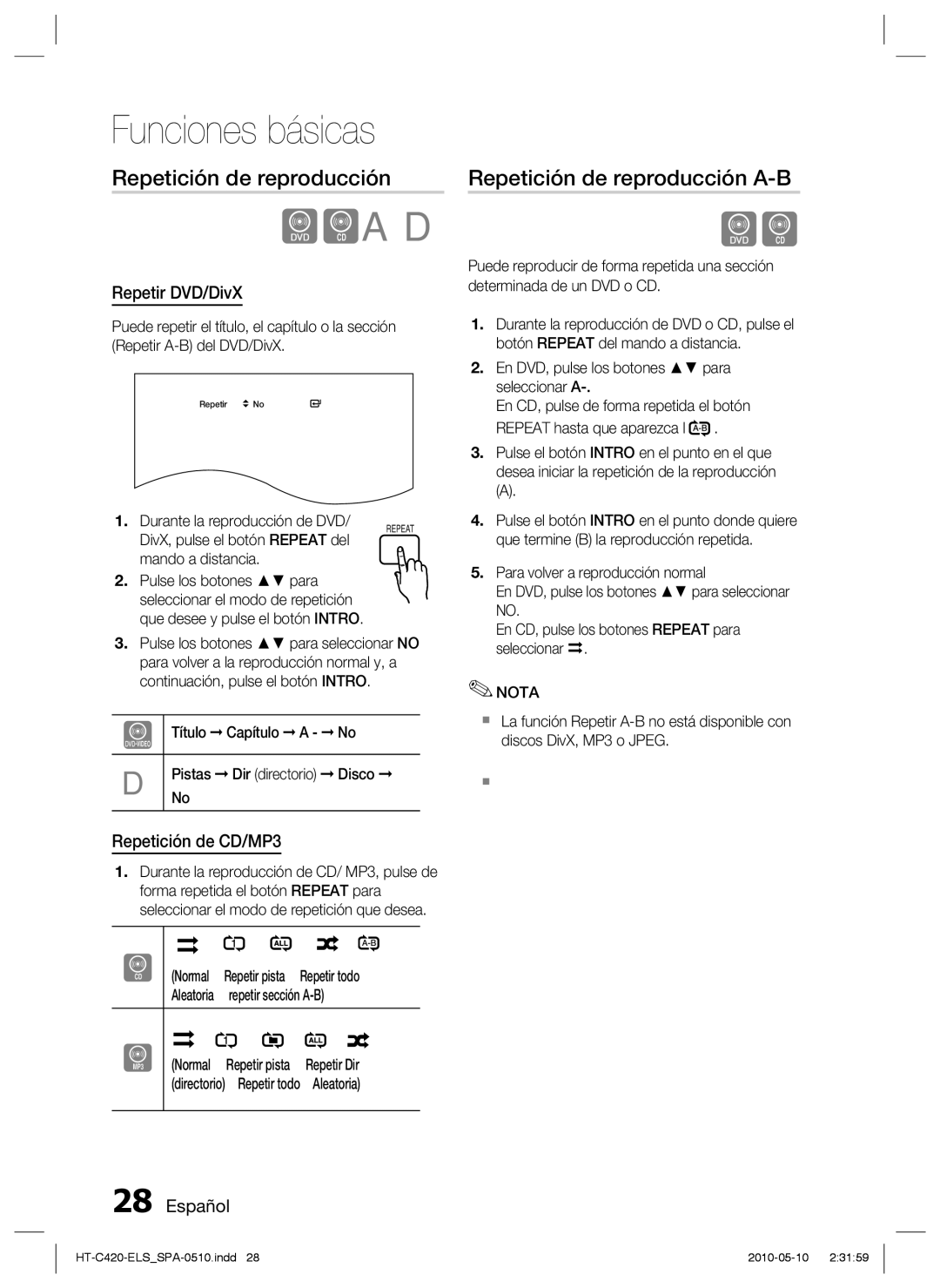 Samsung HT-C420/XEF manual Repetición de reproducción A-B, Repetir DVD/DivX, Repetición de CD/MP3 
