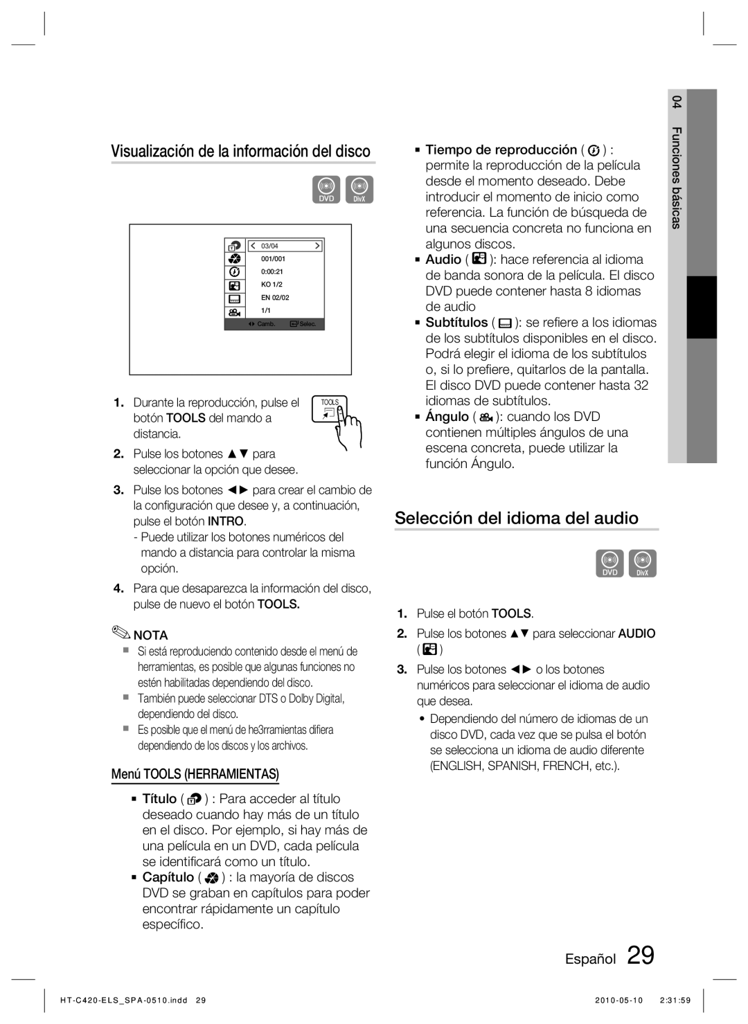 Samsung HT-C420/XEF Selección del idioma del audio, Visualización de la información del disco, Menú Tools Herramientas 