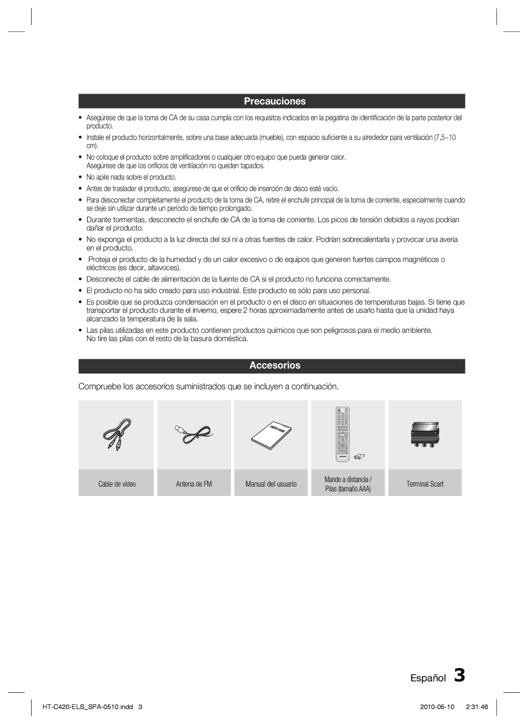 Samsung HT-C420/XEF manual Precauciones, Accesorios, Cable de vídeo Antena de FM Manual del usuario, Terminal Scart 