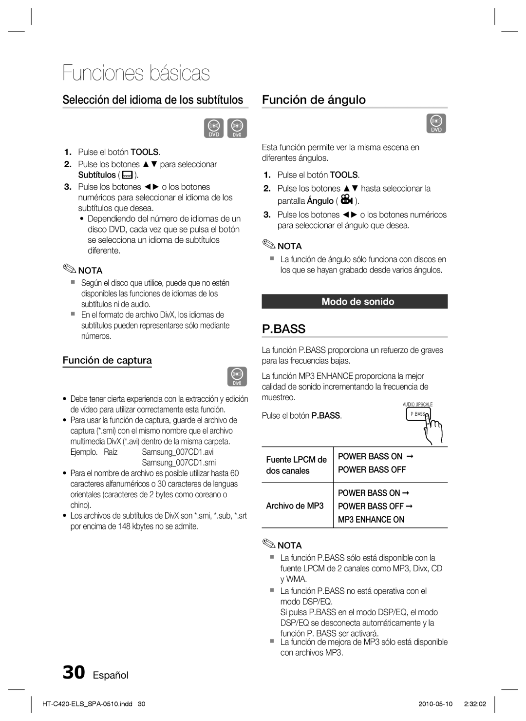 Samsung HT-C420/XEF manual Función de ángulo, Función de captura, Modo de sonido 