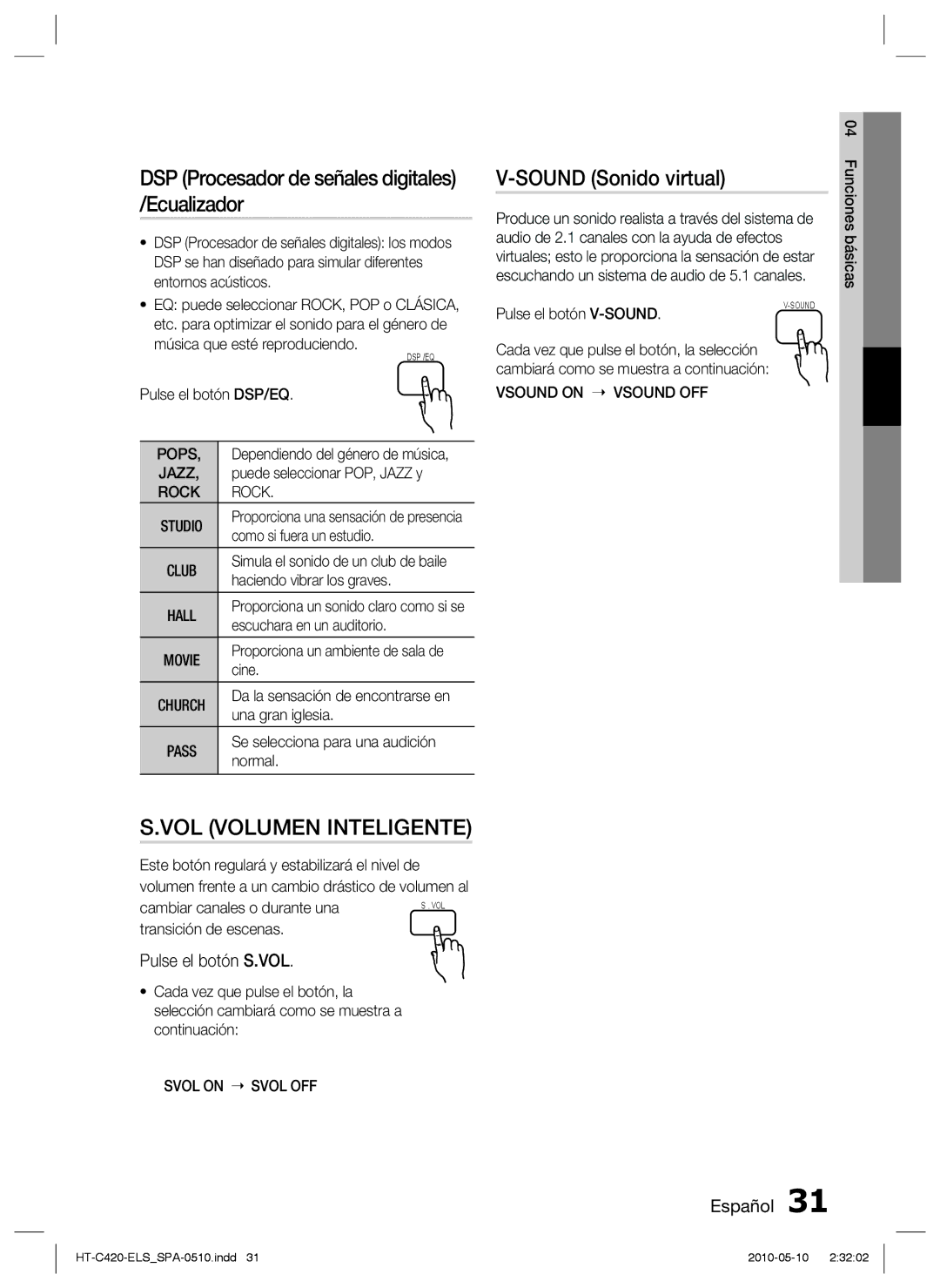 Samsung HT-C420/XEF manual DSP Procesador de señales digitales /Ecualizador, Sound Sonido virtual, Pulse el botón S.VOL 