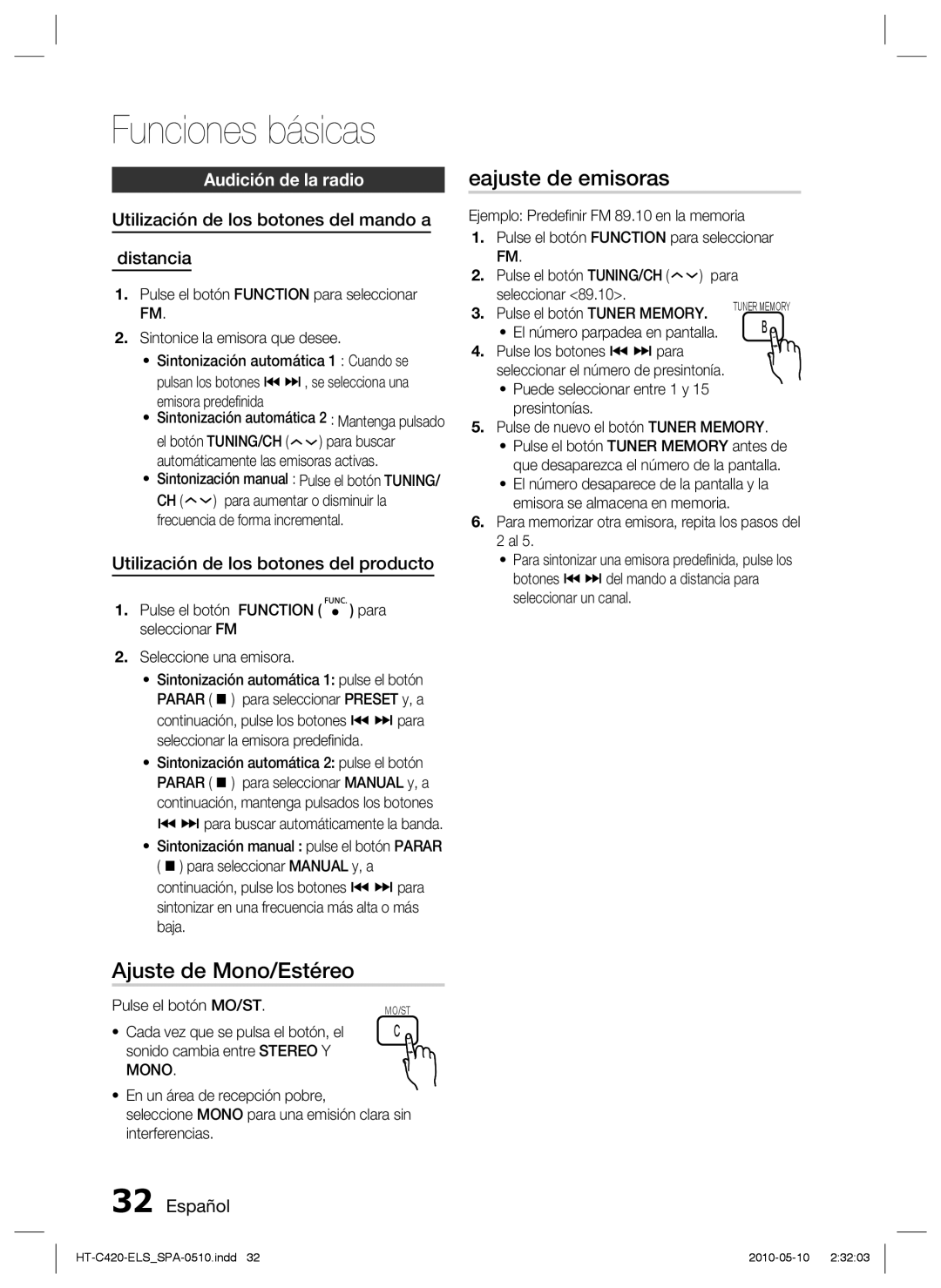 Samsung HT-C420/XEF manual Ajuste de Mono/Estéreo, Eajuste de emisoras, Audición de la radio 