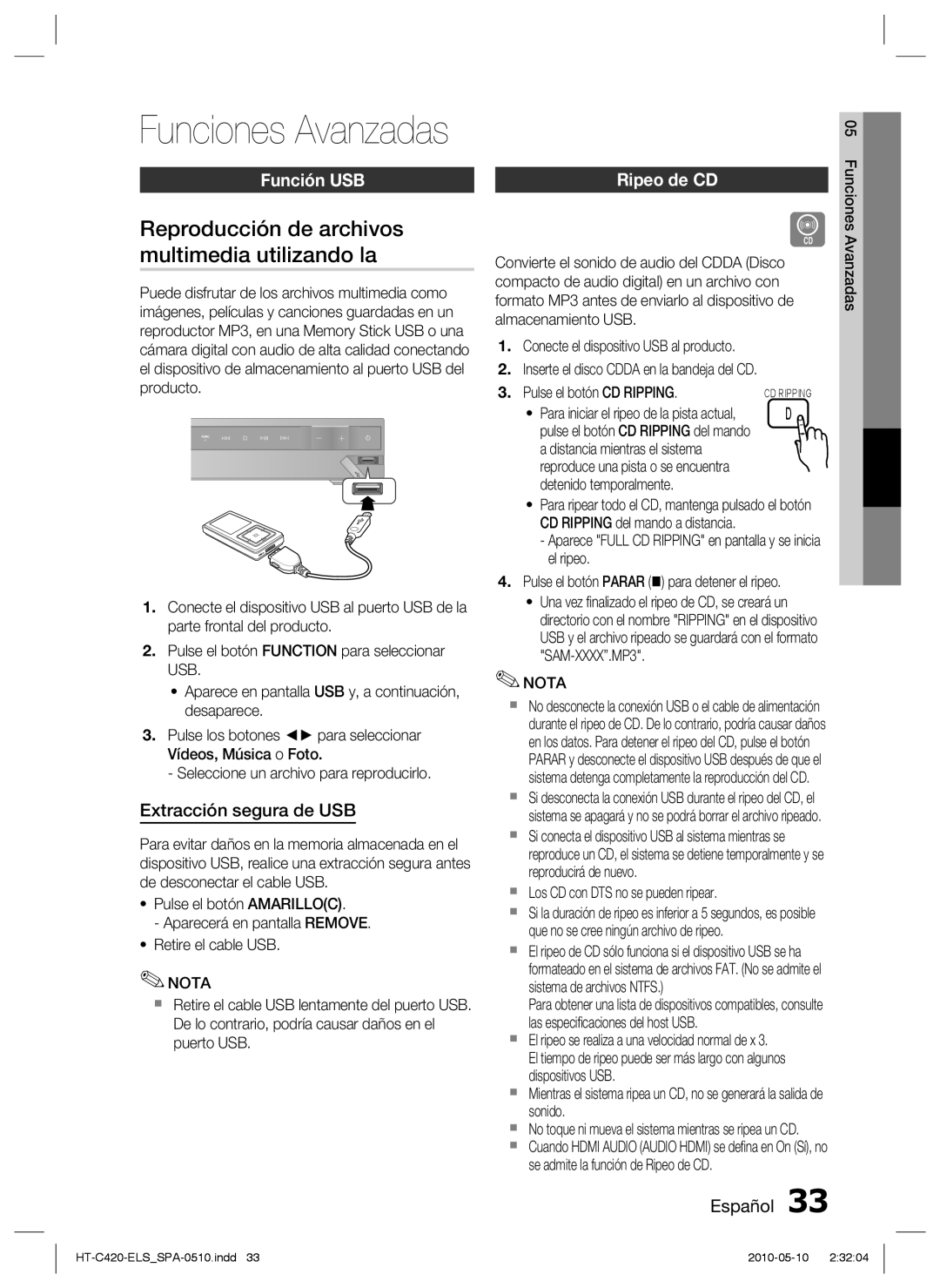 Samsung HT-C420/XEF Reproducción de archivos multimedia utilizando la, Función USB, Extracción segura de USB, Ripeo de CD 