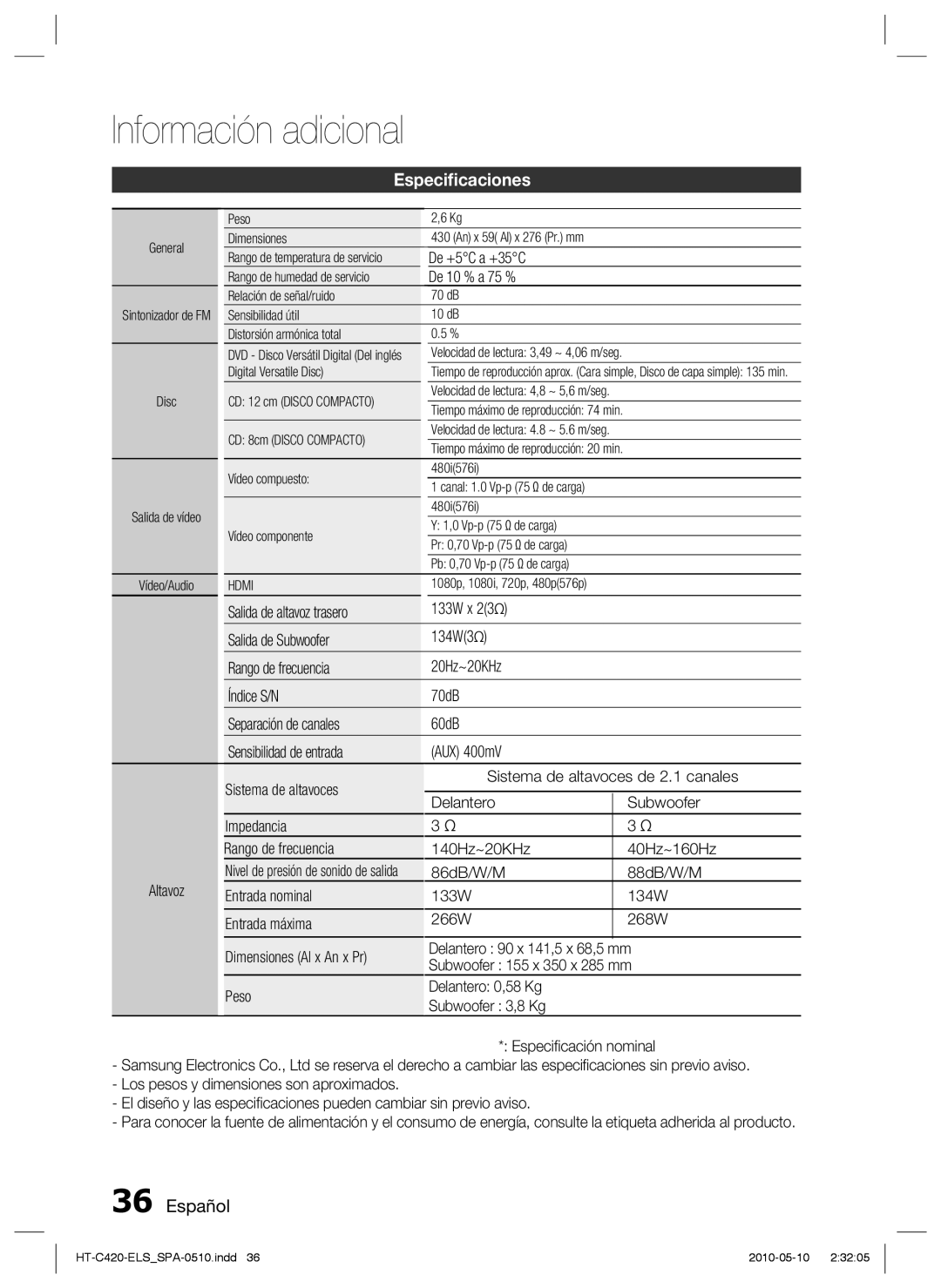 Samsung HT-C420/XEF manual Especiﬁcaciones, De +5C a +35C, De 10 % a 75 % 