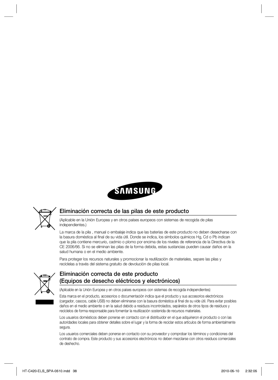 Samsung HT-C420/XEF manual Eliminación correcta de las pilas de este producto 