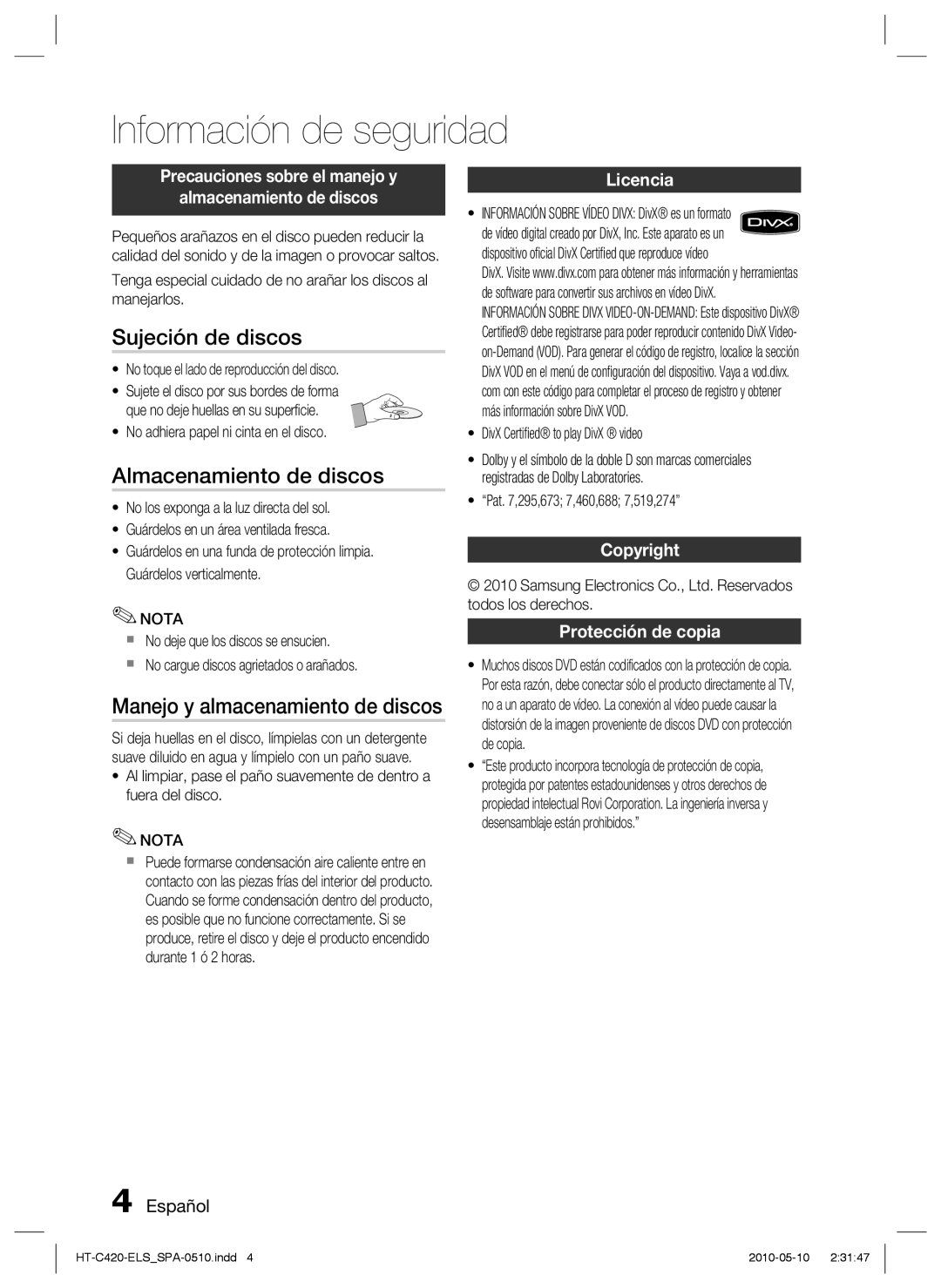 Samsung HT-C420/XEF manual Sujeción de discos, Almacenamiento de discos, Manejo y almacenamiento de discos 