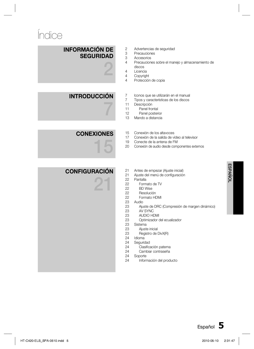 Samsung HT-C420/XEF manual Índice 